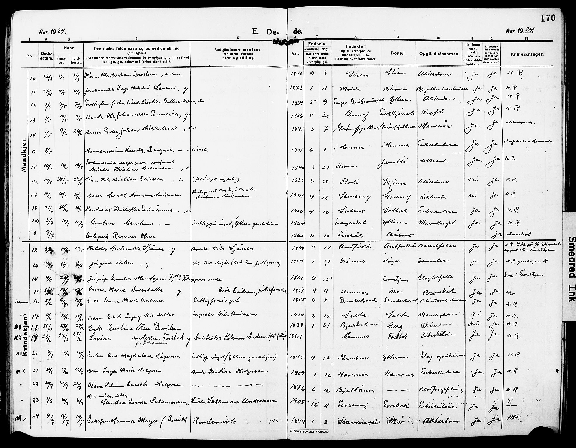 Ministerialprotokoller, klokkerbøker og fødselsregistre - Nordland, SAT/A-1459/827/L0424: Klokkerbok nr. 827C13, 1921-1930, s. 176