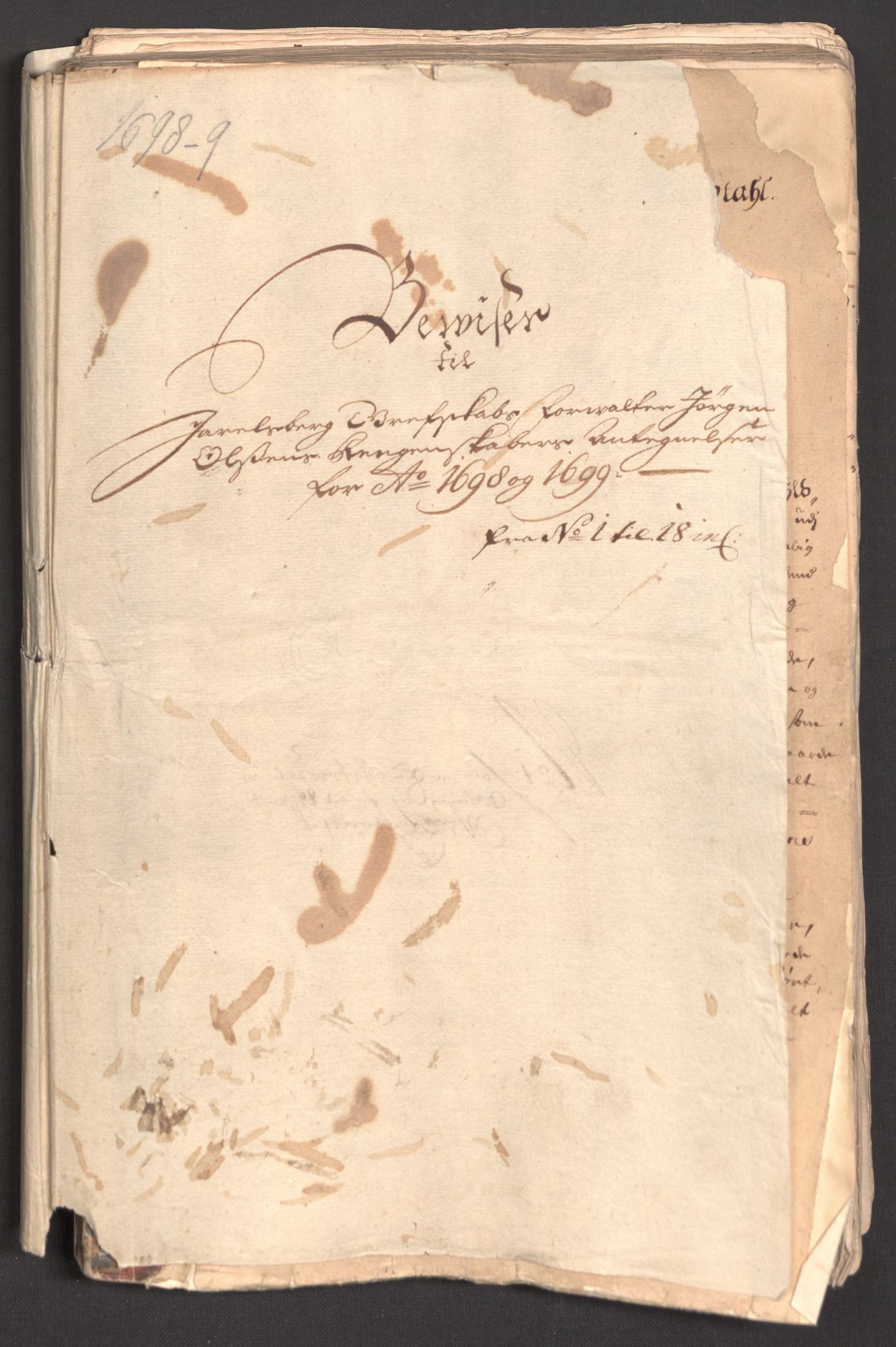 Rentekammeret inntil 1814, Reviderte regnskaper, Fogderegnskap, AV/RA-EA-4092/R32/L1868: Fogderegnskap Jarlsberg grevskap, 1697-1699, s. 452