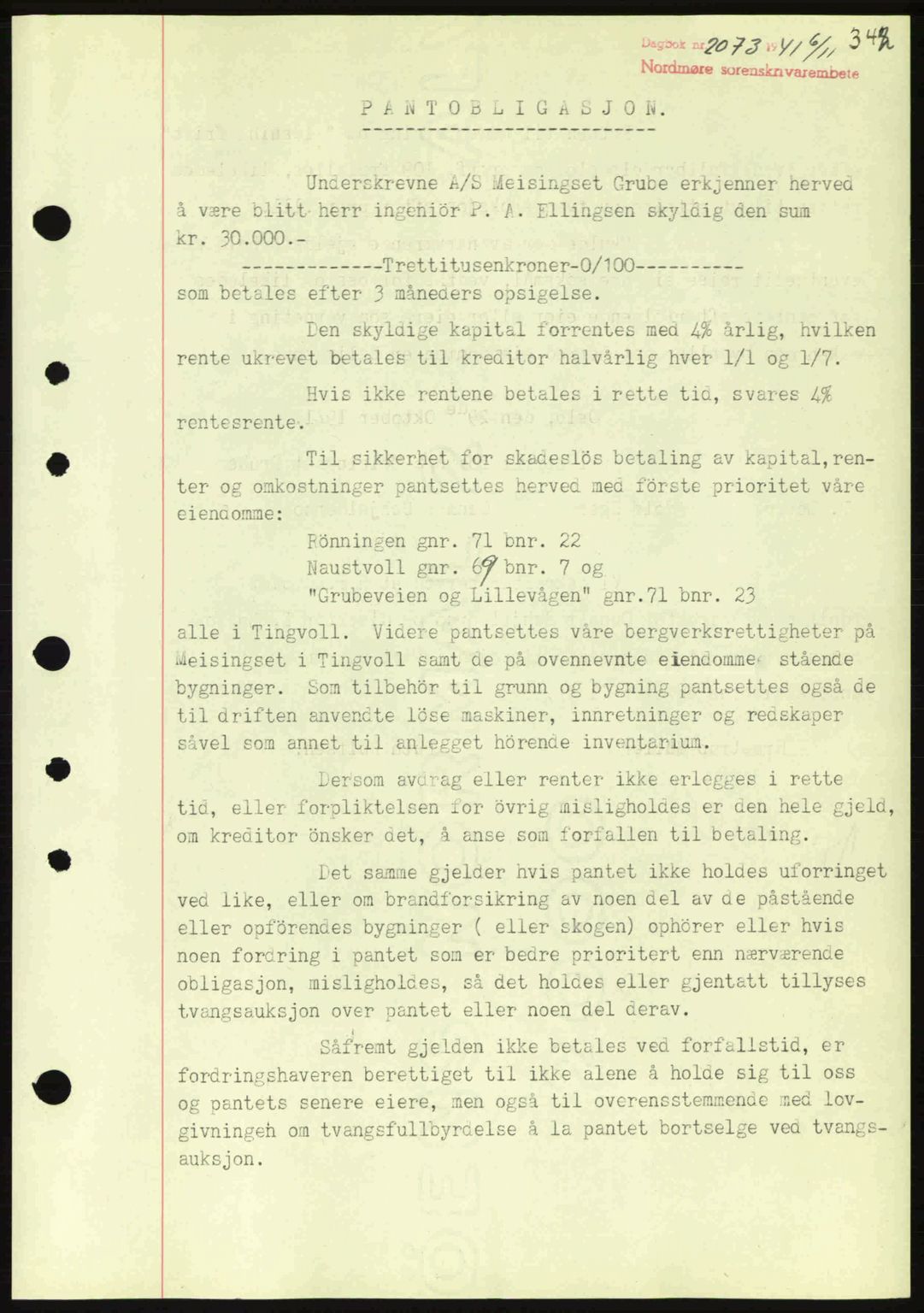 Nordmøre sorenskriveri, SAT/A-4132/1/2/2Ca: Pantebok nr. B88, 1941-1942, Dagboknr: 2073/1941