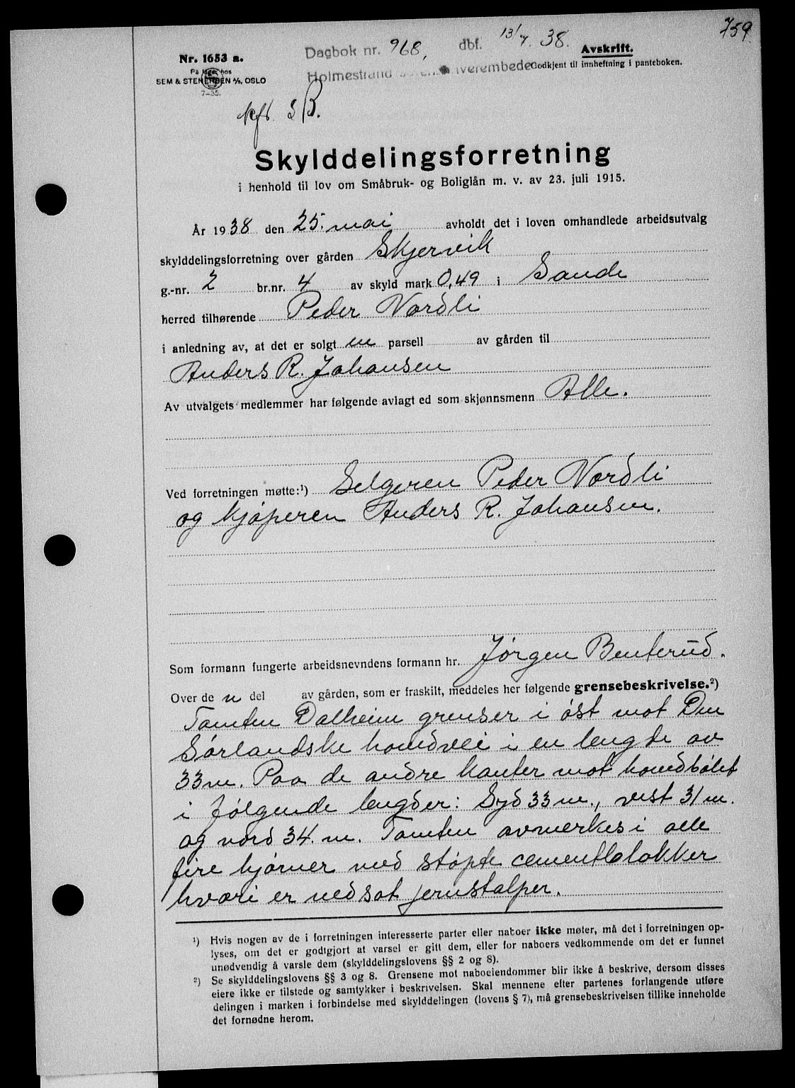 Holmestrand sorenskriveri, SAKO/A-67/G/Ga/Gaa/L0049: Pantebok nr. A-49, 1937-1938, Dagboknr: 968/1938
