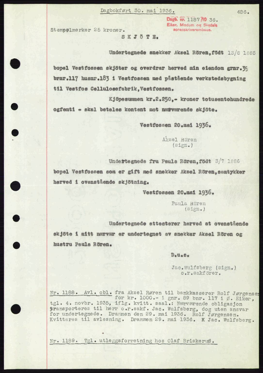 Eiker, Modum og Sigdal sorenskriveri, SAKO/A-123/G/Ga/Gab/L0032: Pantebok nr. A2, 1936-1936, Dagboknr: 1187/1936