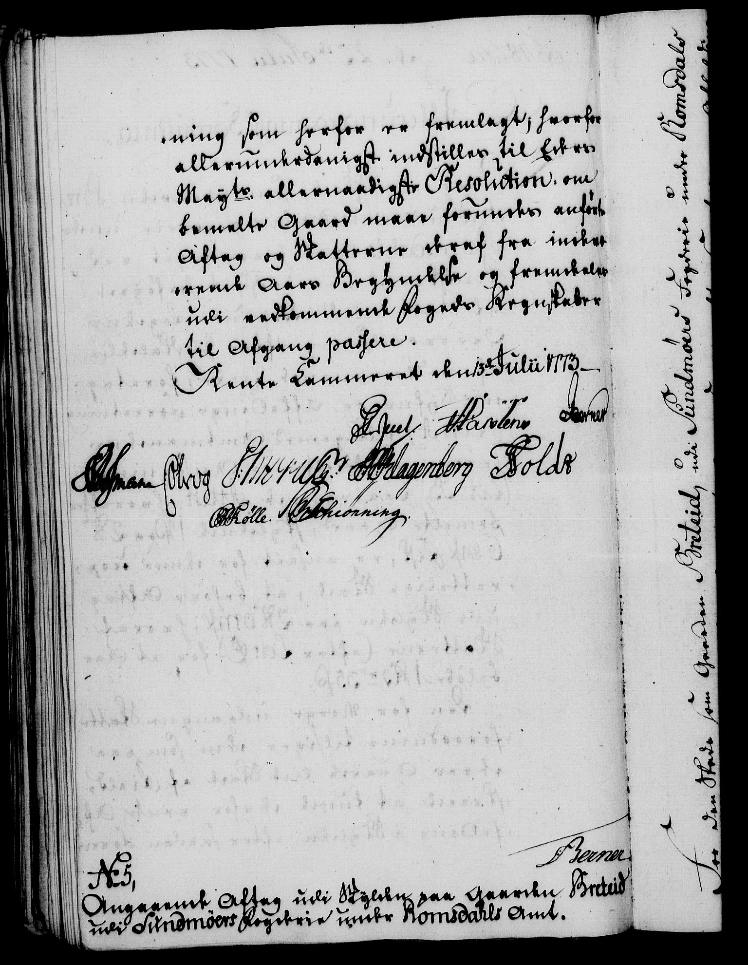 Rentekammeret, Kammerkanselliet, AV/RA-EA-3111/G/Gf/Gfa/L0055: Norsk relasjons- og resolusjonsprotokoll (merket RK 52.55), 1773, s. 187