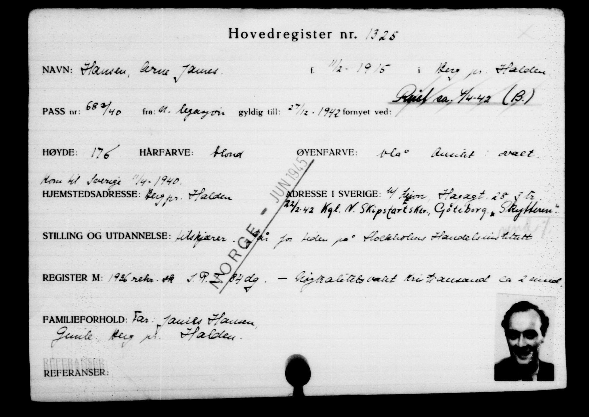 Utenriksstasjonene, Legasjonen i Stockholm, Flyktningkontoret, AV/RA-S-6753/V/Va/L0002: Kjesäterkartoteket, flyktninger med registreringsnr. 1001-2000, 1940-1945, s. 475