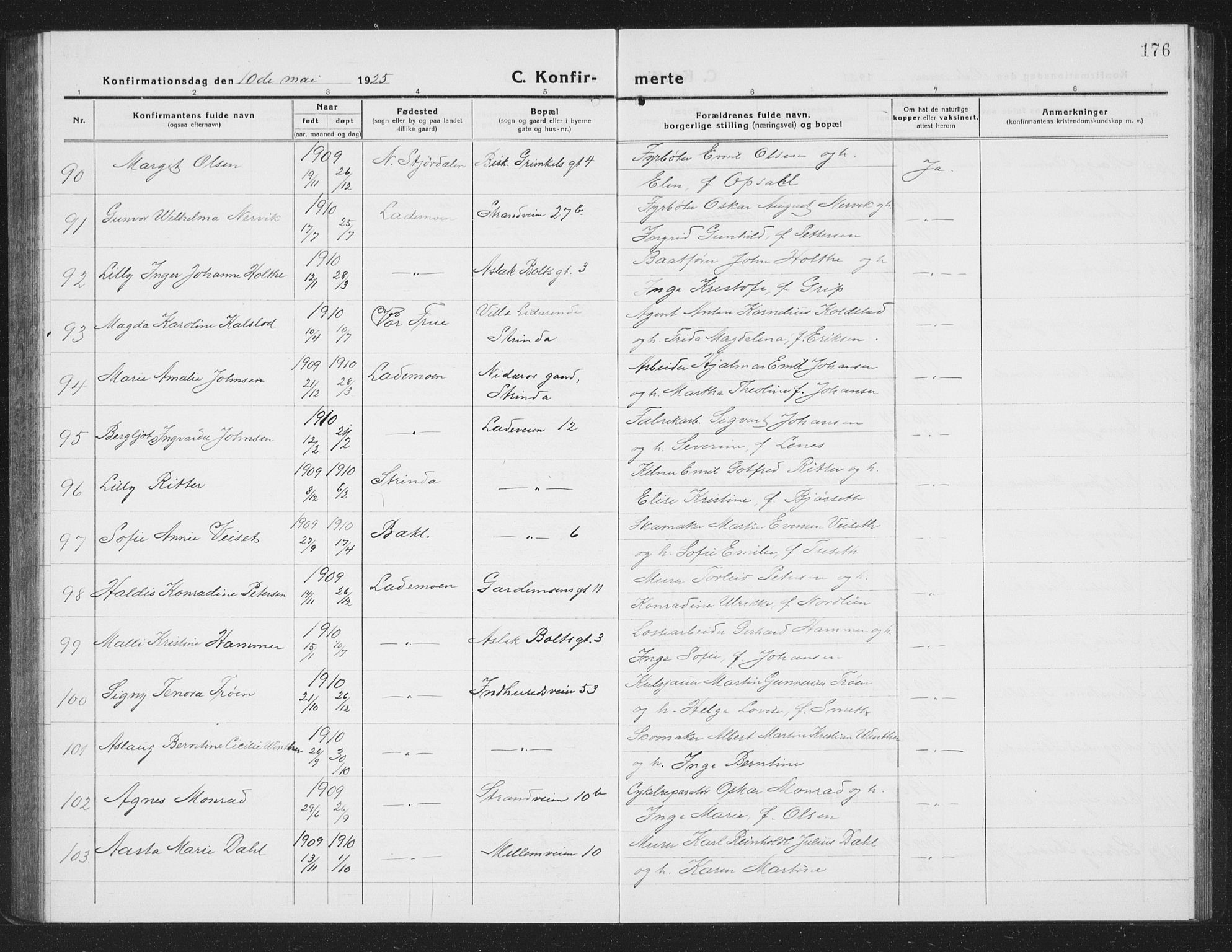 Ministerialprotokoller, klokkerbøker og fødselsregistre - Sør-Trøndelag, AV/SAT-A-1456/605/L0258: Klokkerbok nr. 605C05, 1918-1930, s. 176