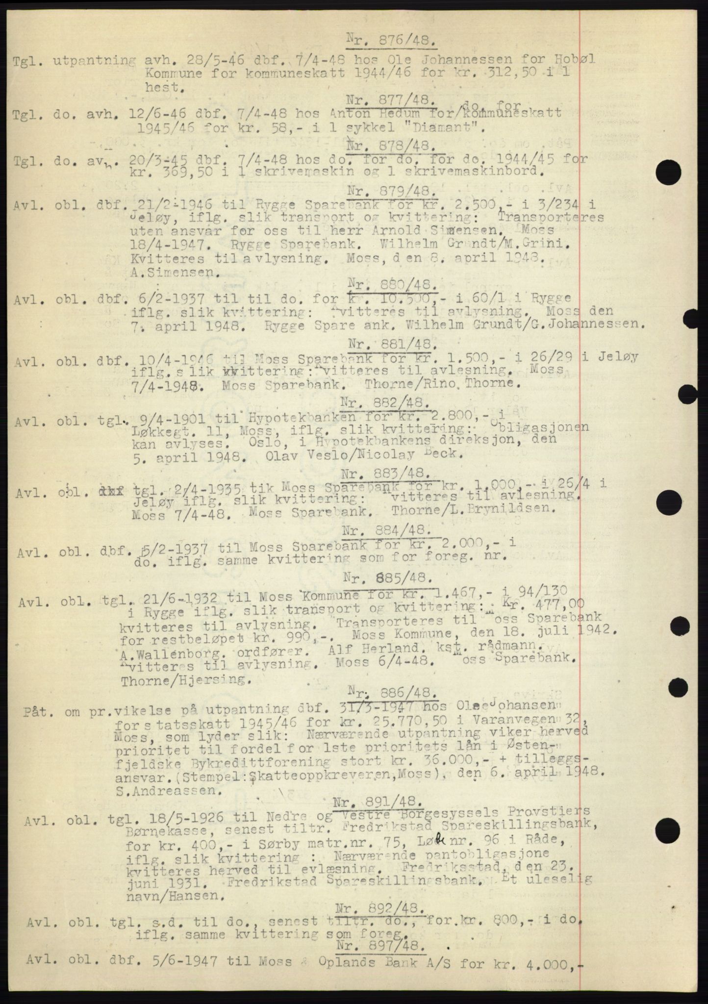 Moss sorenskriveri, SAO/A-10168: Pantebok nr. C10, 1938-1950, Dagboknr: 876/1948