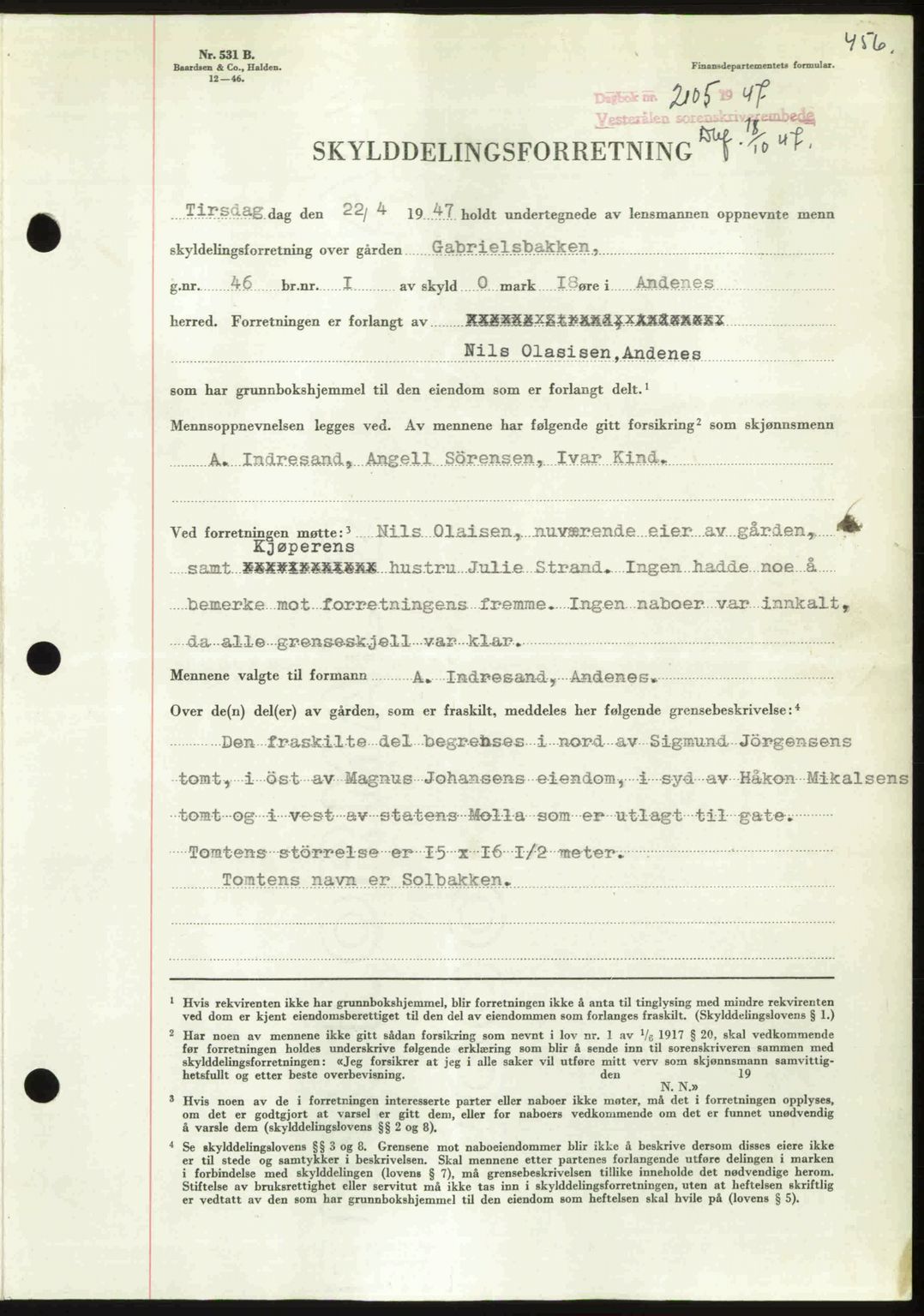 Vesterålen sorenskriveri, SAT/A-4180/1/2/2Ca: Pantebok nr. A21, 1947-1947, Dagboknr: 2105/1947