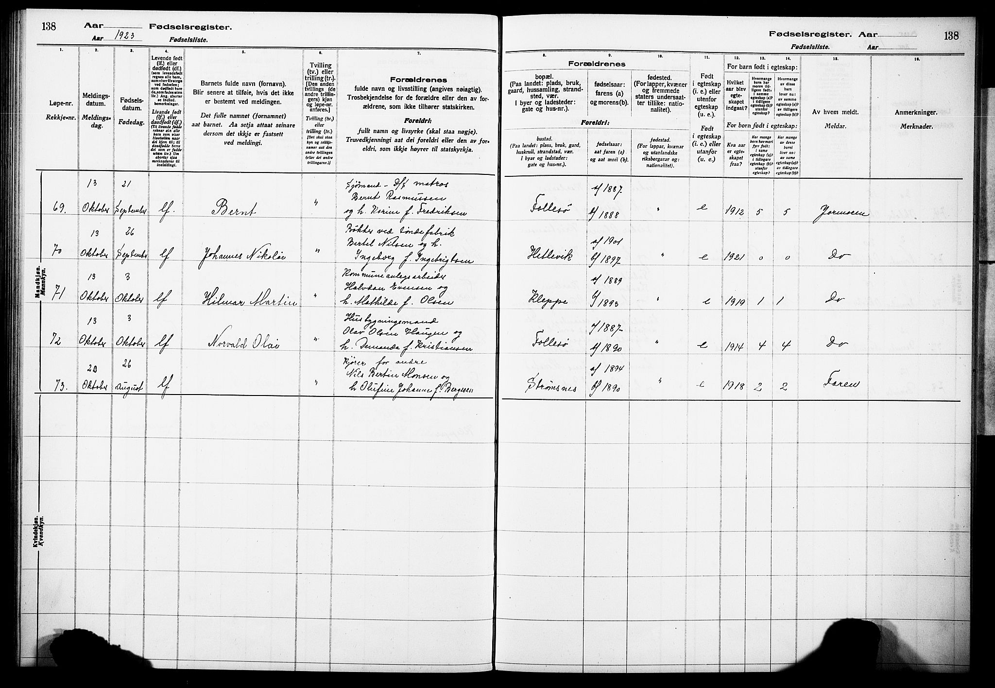 Askøy Sokneprestembete, AV/SAB-A-74101/I/Id/L00A1: Fødselsregister nr. A 1, 1916-1928, s. 138
