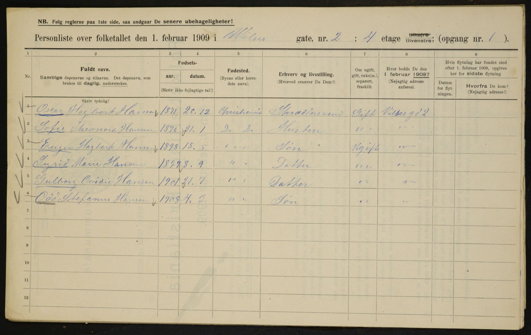 OBA, Kommunal folketelling 1.2.1909 for Kristiania kjøpstad, 1909, s. 116447