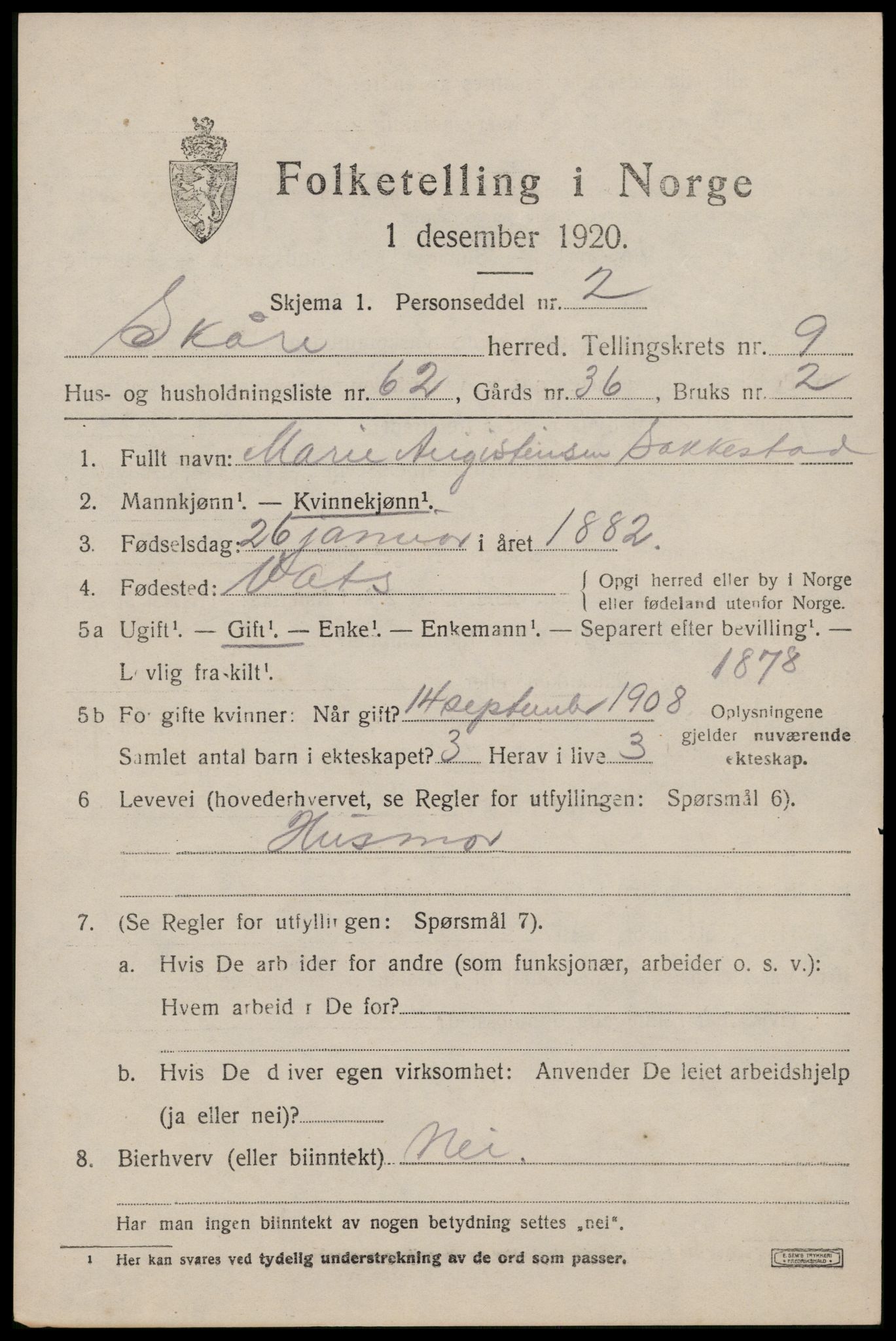 SAST, Folketelling 1920 for 1153 Skåre herred, 1920, s. 7846