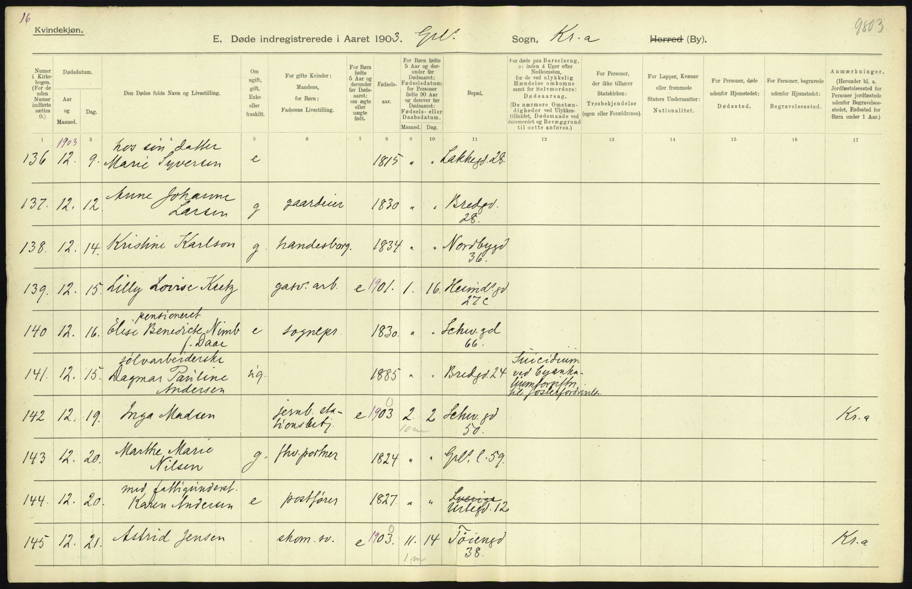 Statistisk sentralbyrå, Sosiodemografiske emner, Befolkning, AV/RA-S-2228/D/Df/Dfa/Dfaa/L0004: Kristiania: Gifte, døde, 1903, s. 407
