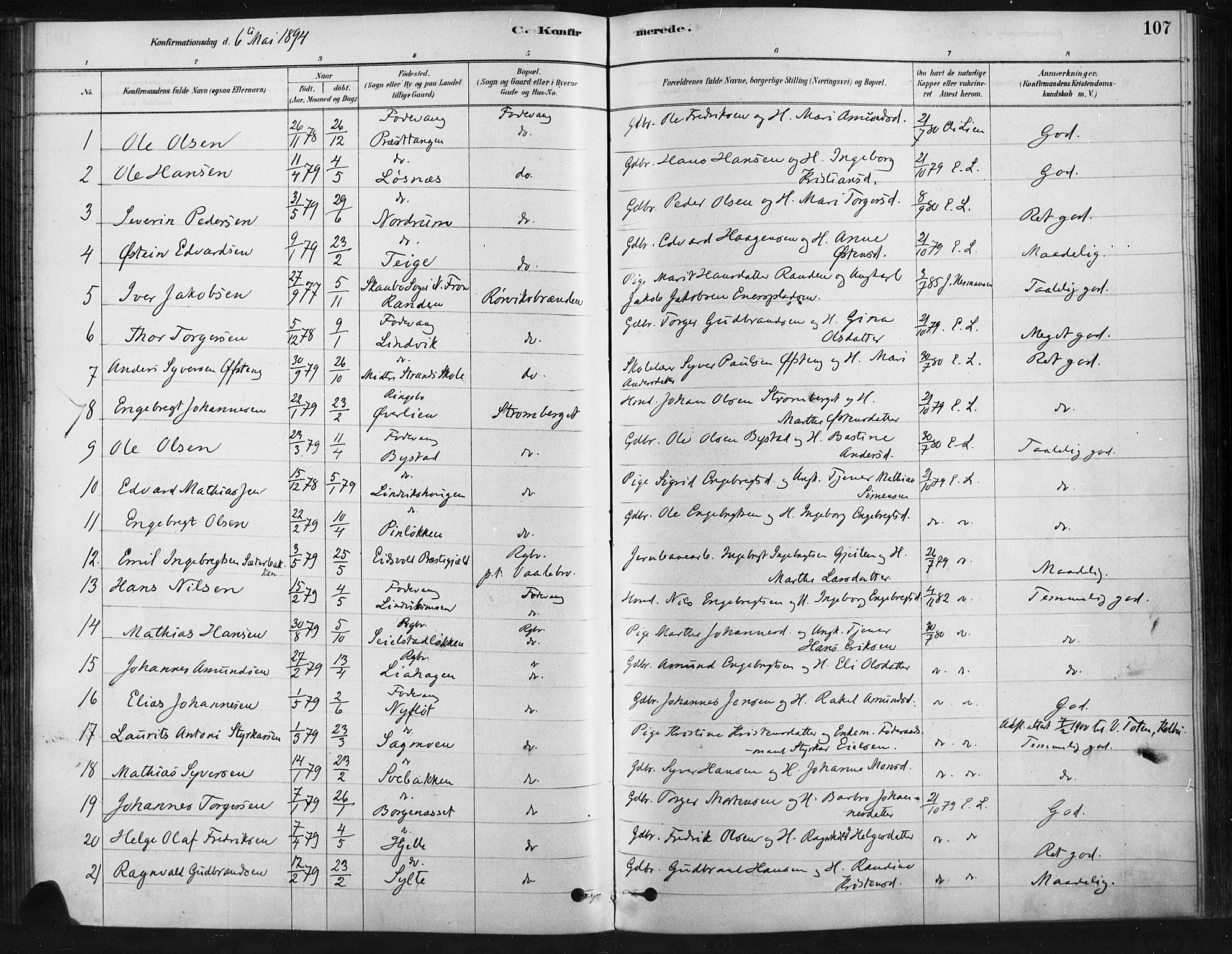 Ringebu prestekontor, AV/SAH-PREST-082/H/Ha/Haa/L0009: Ministerialbok nr. 9, 1878-1898, s. 107