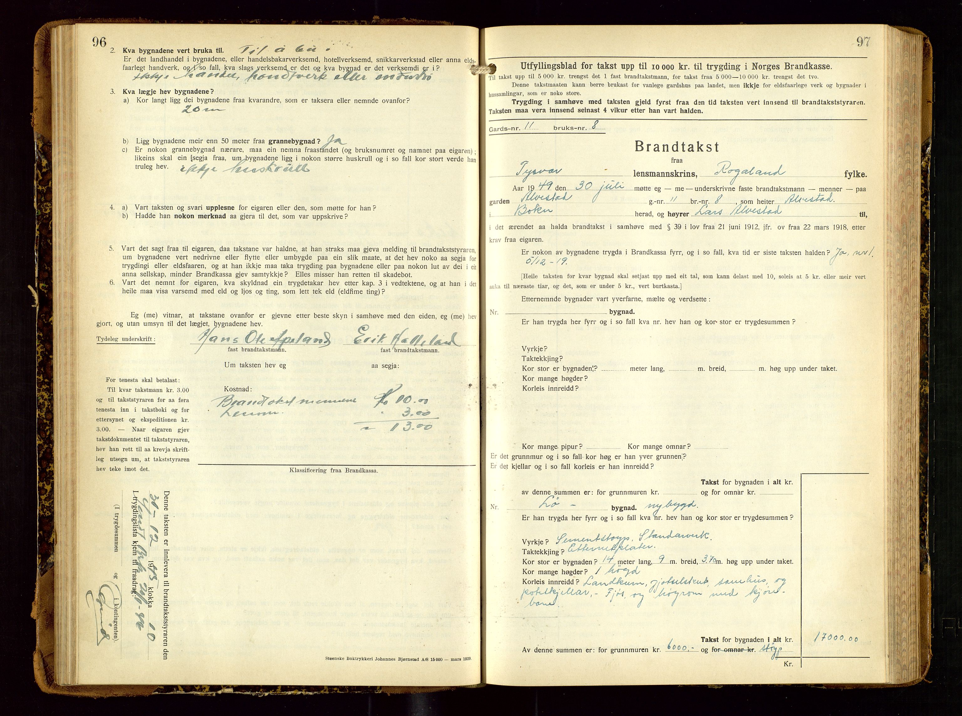 Tysvær lensmannskontor, AV/SAST-A-100192/Gob/L0003: "Brandtakstbok for Tysvær lensmannskrins", 1932-1955, s. 96-97
