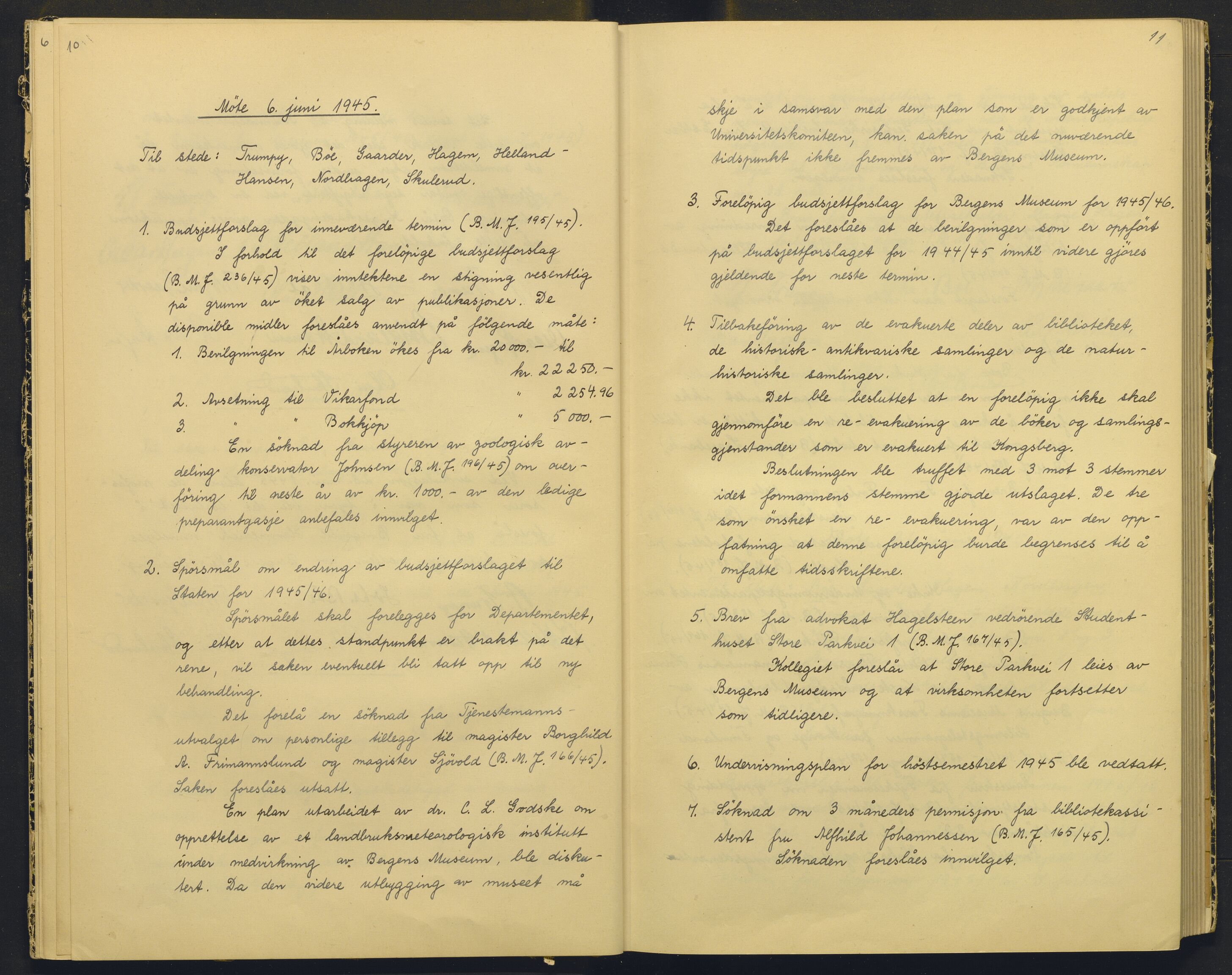 Bergens Museum, AV/SAB-A-17301/18/A/L0004: Professorkollegiets møtebok med register , 1945-1949, s. 10-11