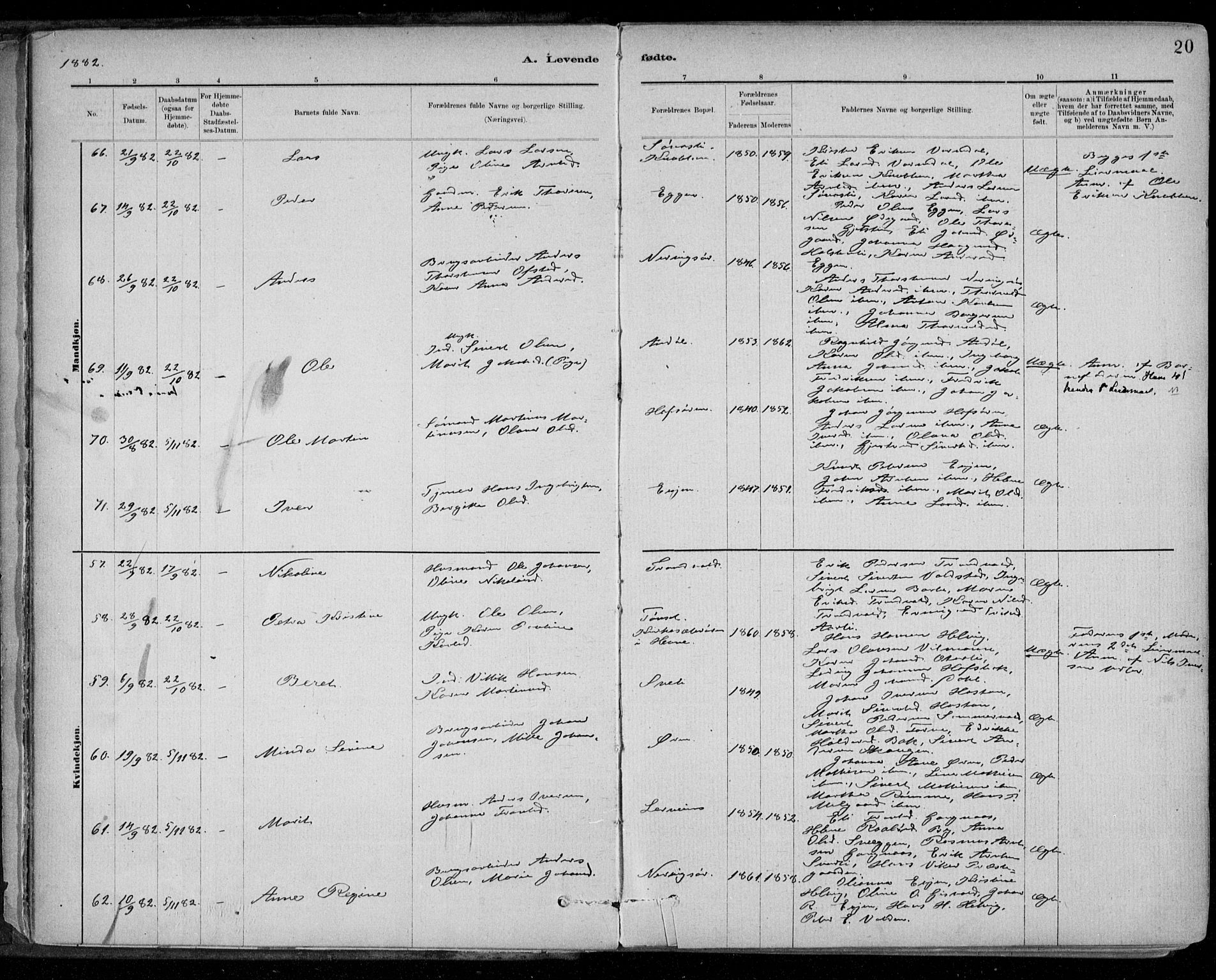 Ministerialprotokoller, klokkerbøker og fødselsregistre - Sør-Trøndelag, AV/SAT-A-1456/668/L0809: Ministerialbok nr. 668A09, 1881-1895, s. 20