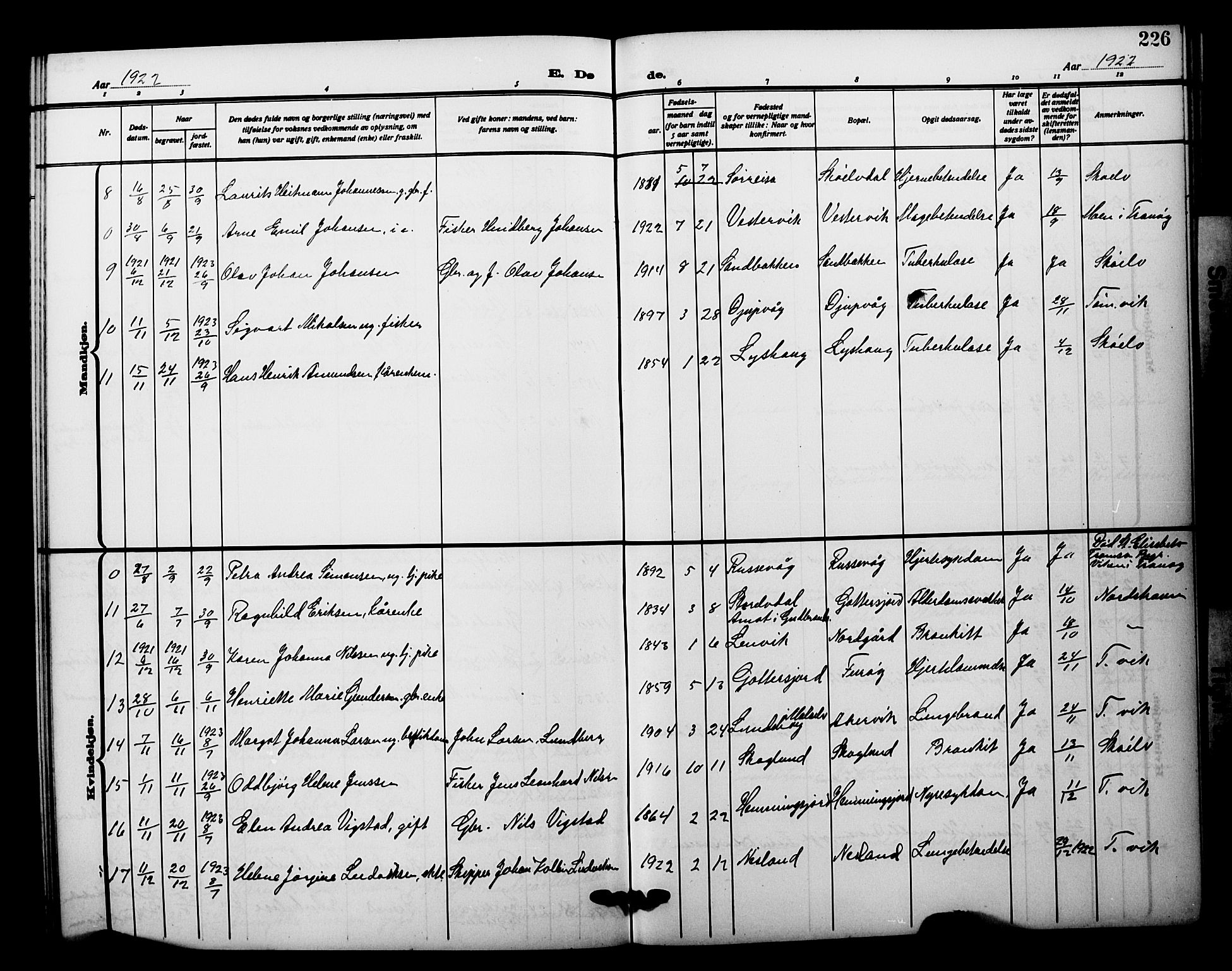 Tranøy sokneprestkontor, AV/SATØ-S-1313/I/Ia/Iab/L0023klokker: Klokkerbok nr. 23, 1913-1928, s. 226