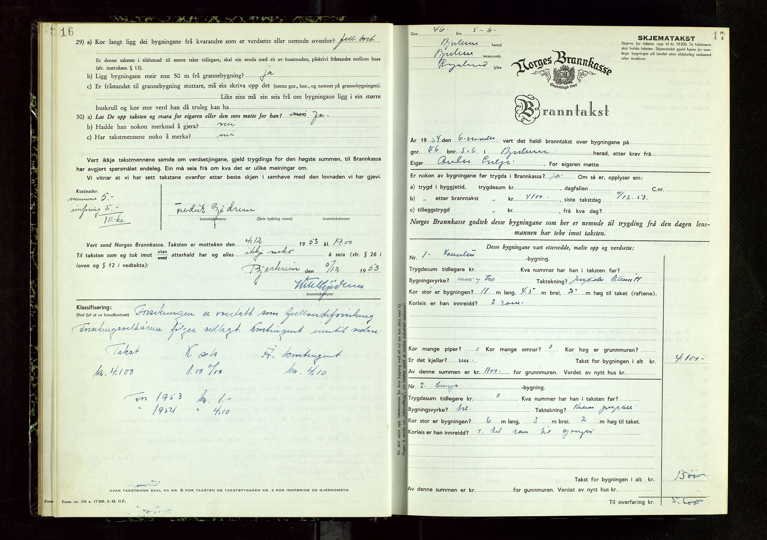 Bjerkreim lensmannskontor, SAST/A-100090/Gob/L0002: "Branntakstprotokoll", 1950-1955, s. 16-17