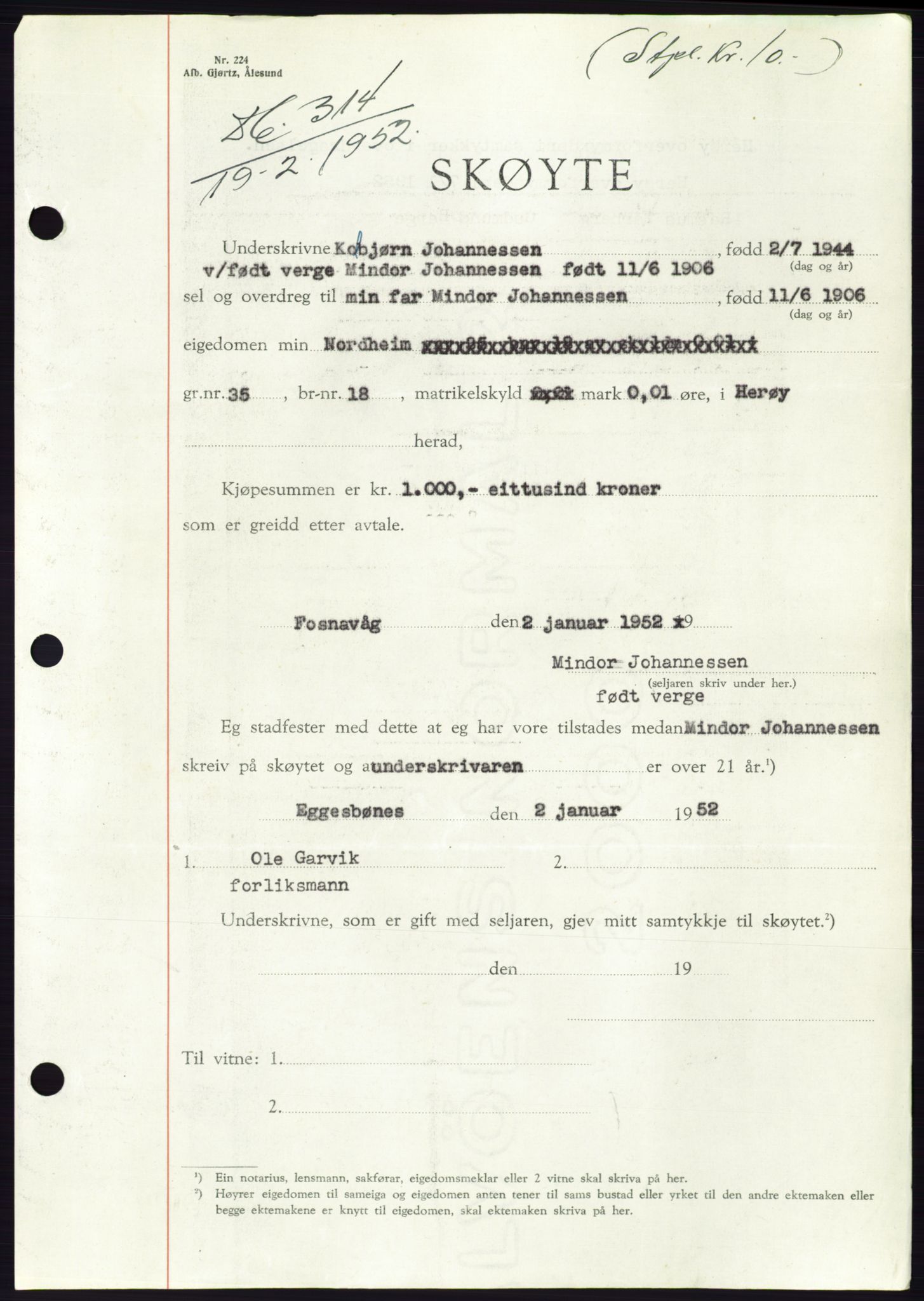 Søre Sunnmøre sorenskriveri, SAT/A-4122/1/2/2C/L0091: Pantebok nr. 17A, 1951-1952, Dagboknr: 314/1952