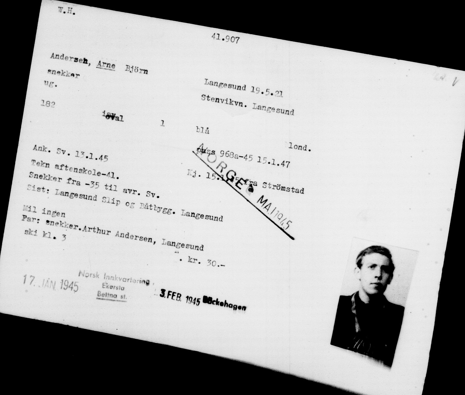 Utenriksstasjonene, Legasjonen i Stockholm, Flyktningkontoret, AV/RA-S-6753/V/Va/L0016: Kjesäterkartoteket, flyktninger med registreringsnr. 40700-43479, 1940-1945, s. 1253