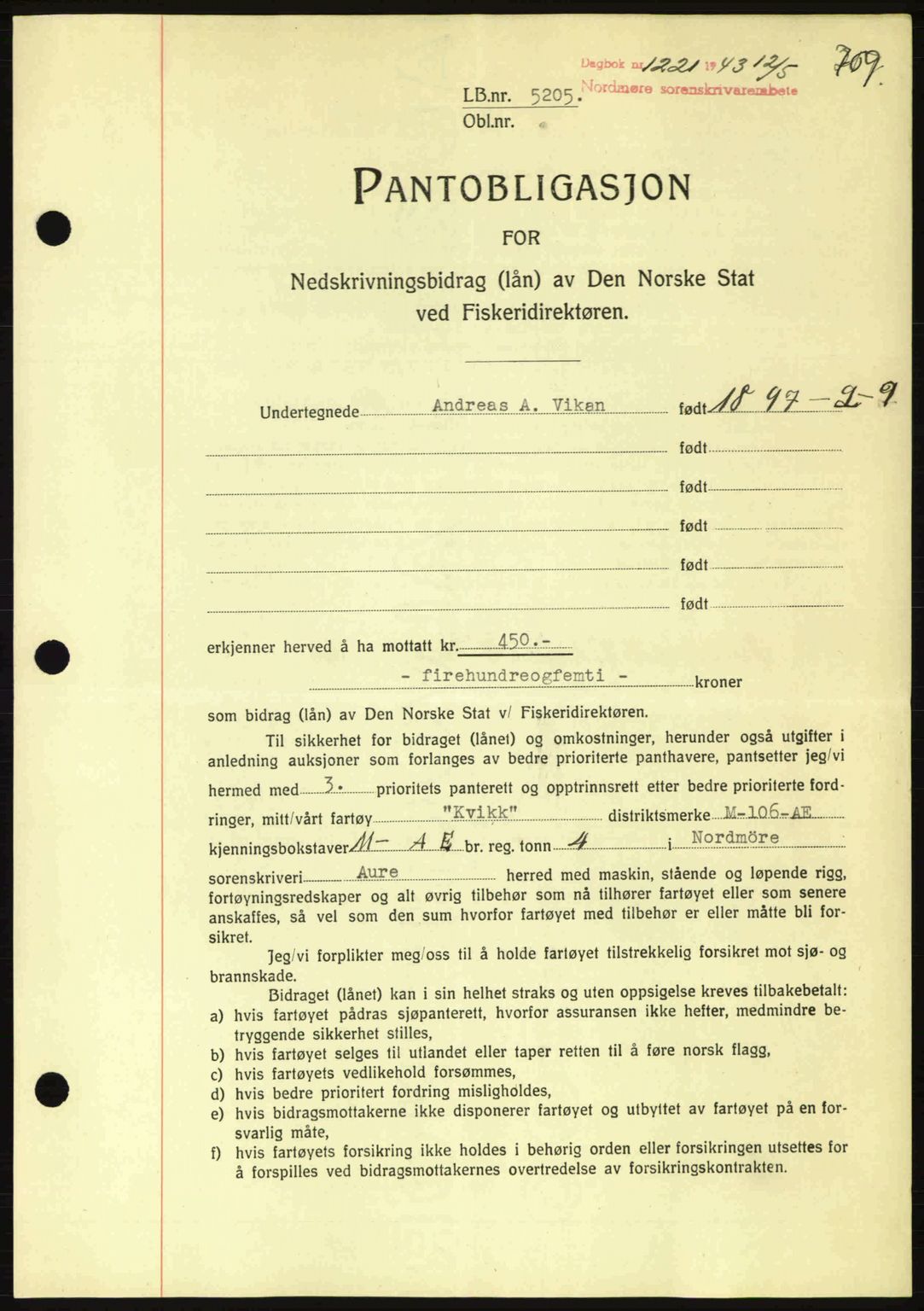 Nordmøre sorenskriveri, SAT/A-4132/1/2/2Ca: Pantebok nr. B90, 1942-1943, Dagboknr: 1221/1943