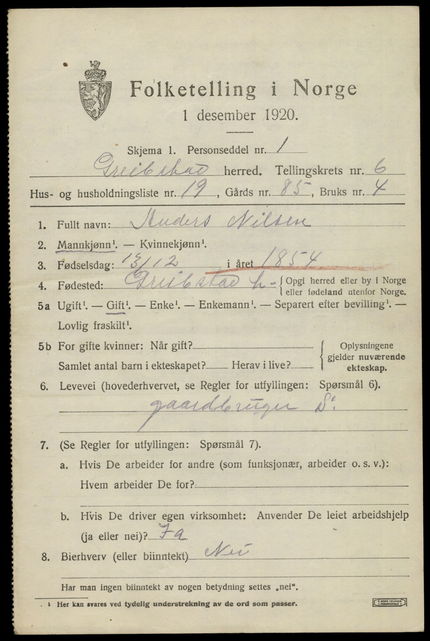 SAK, Folketelling 1920 for 1017 Greipstad herred, 1920, s. 2100