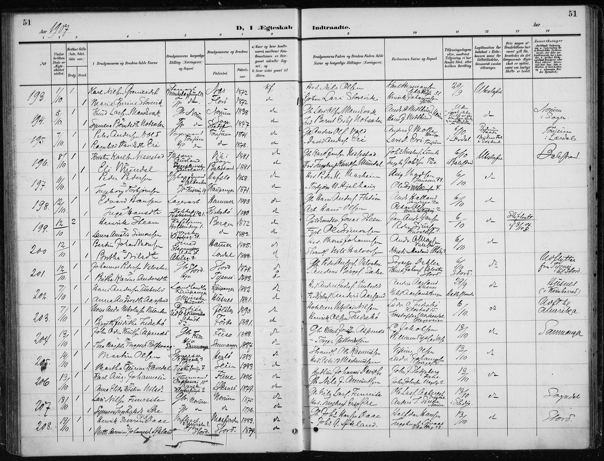 Nykirken Sokneprestembete, AV/SAB-A-77101/H/Haa/L0035: Ministerialbok nr. D 5, 1905-1913, s. 51