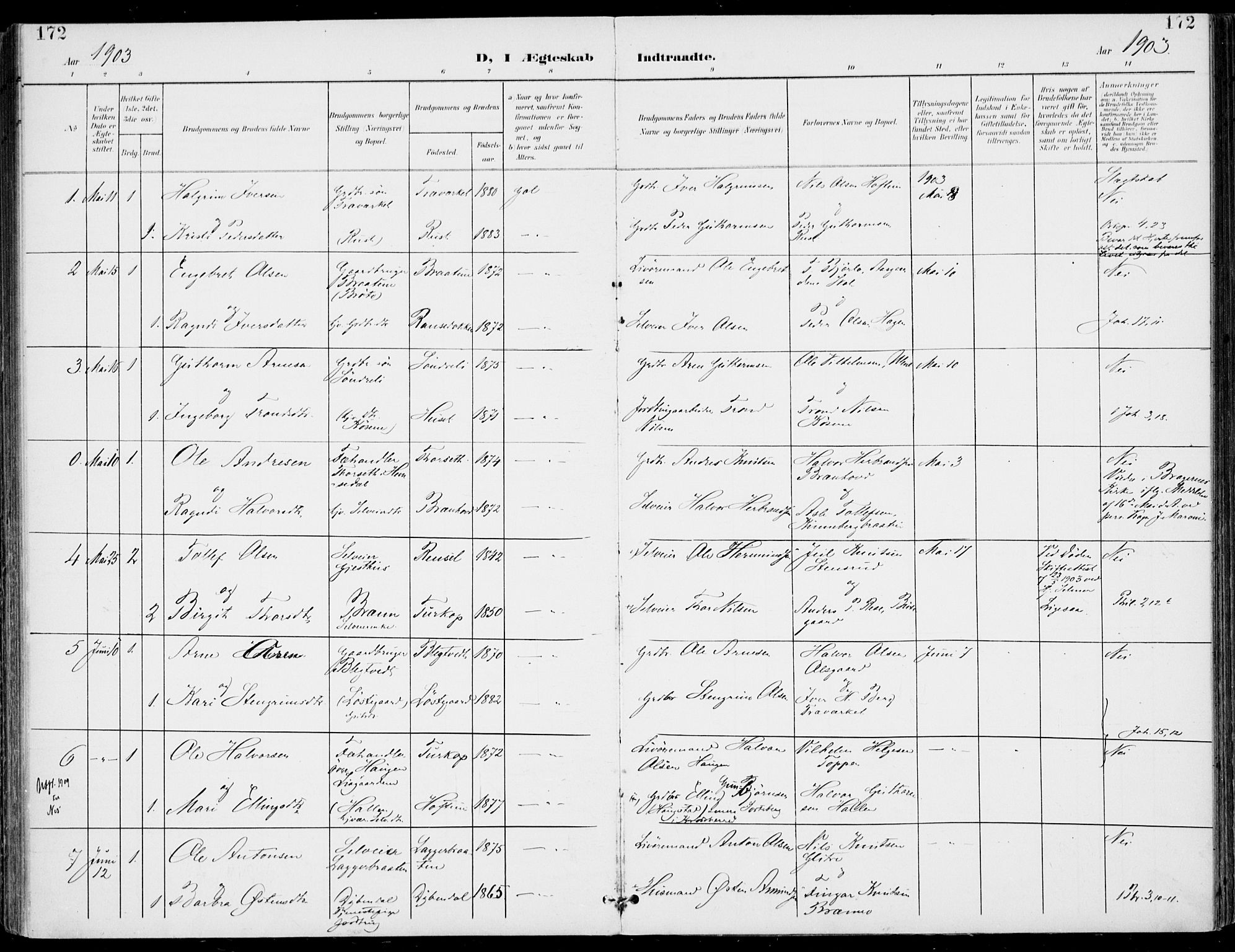 Gol kirkebøker, AV/SAKO-A-226/F/Fa/L0006: Ministerialbok nr. I 6, 1901-1918, s. 172