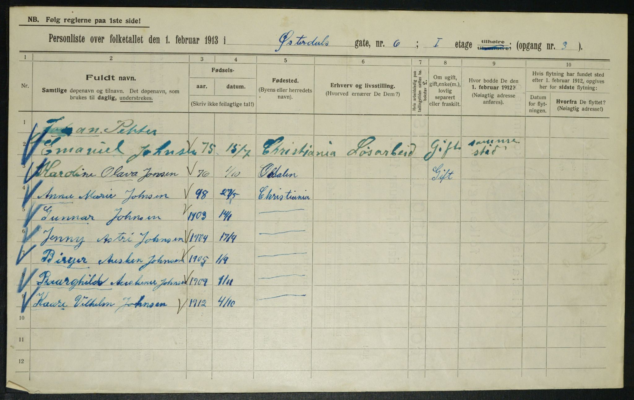 OBA, Kommunal folketelling 1.2.1913 for Kristiania, 1913, s. 128982