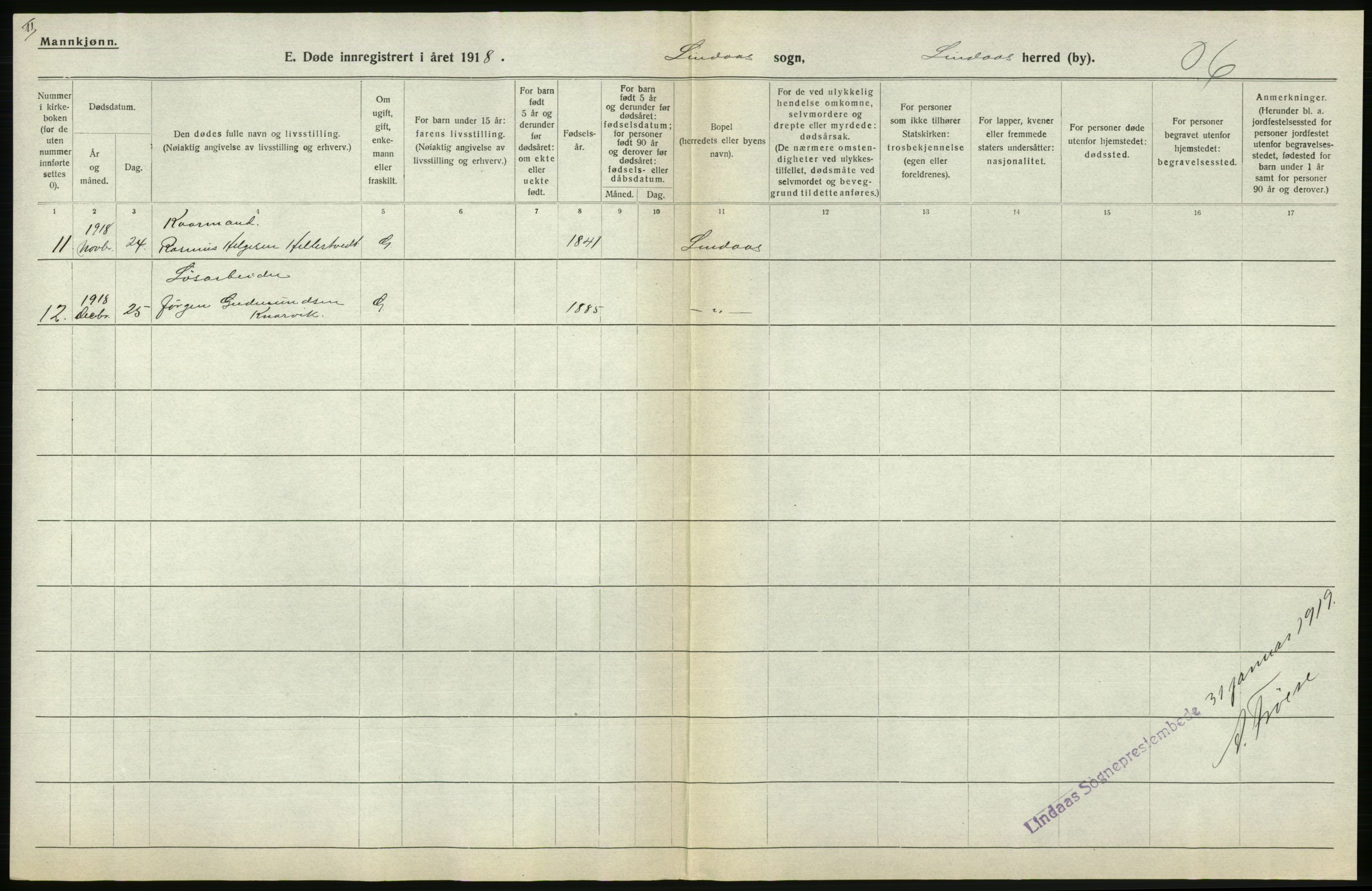 Statistisk sentralbyrå, Sosiodemografiske emner, Befolkning, AV/RA-S-2228/D/Df/Dfb/Dfbh/L0036: Hordaland fylke: Døde., 1918, s. 278