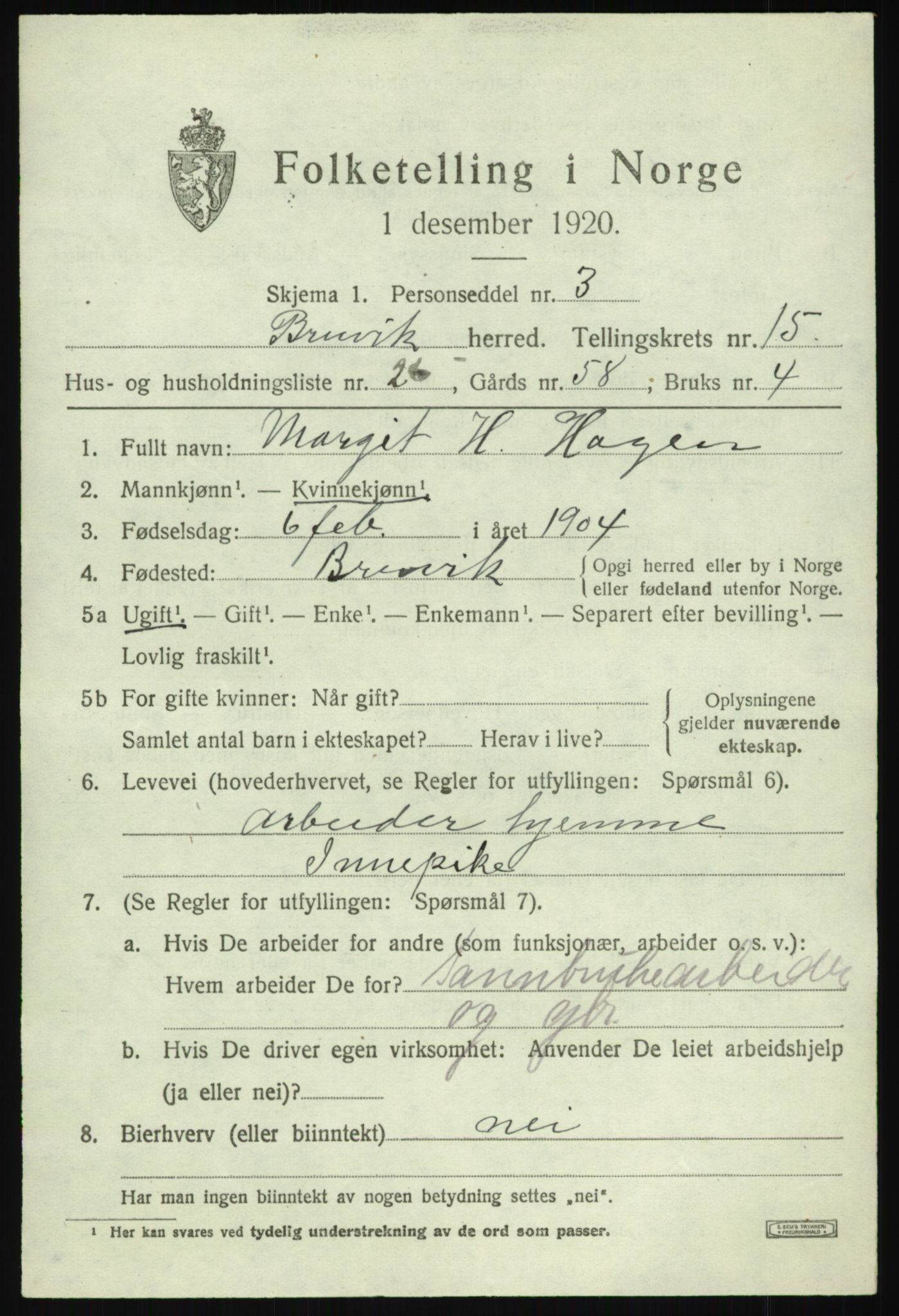 SAB, Folketelling 1920 for 1251 Bruvik herred, 1920, s. 9530
