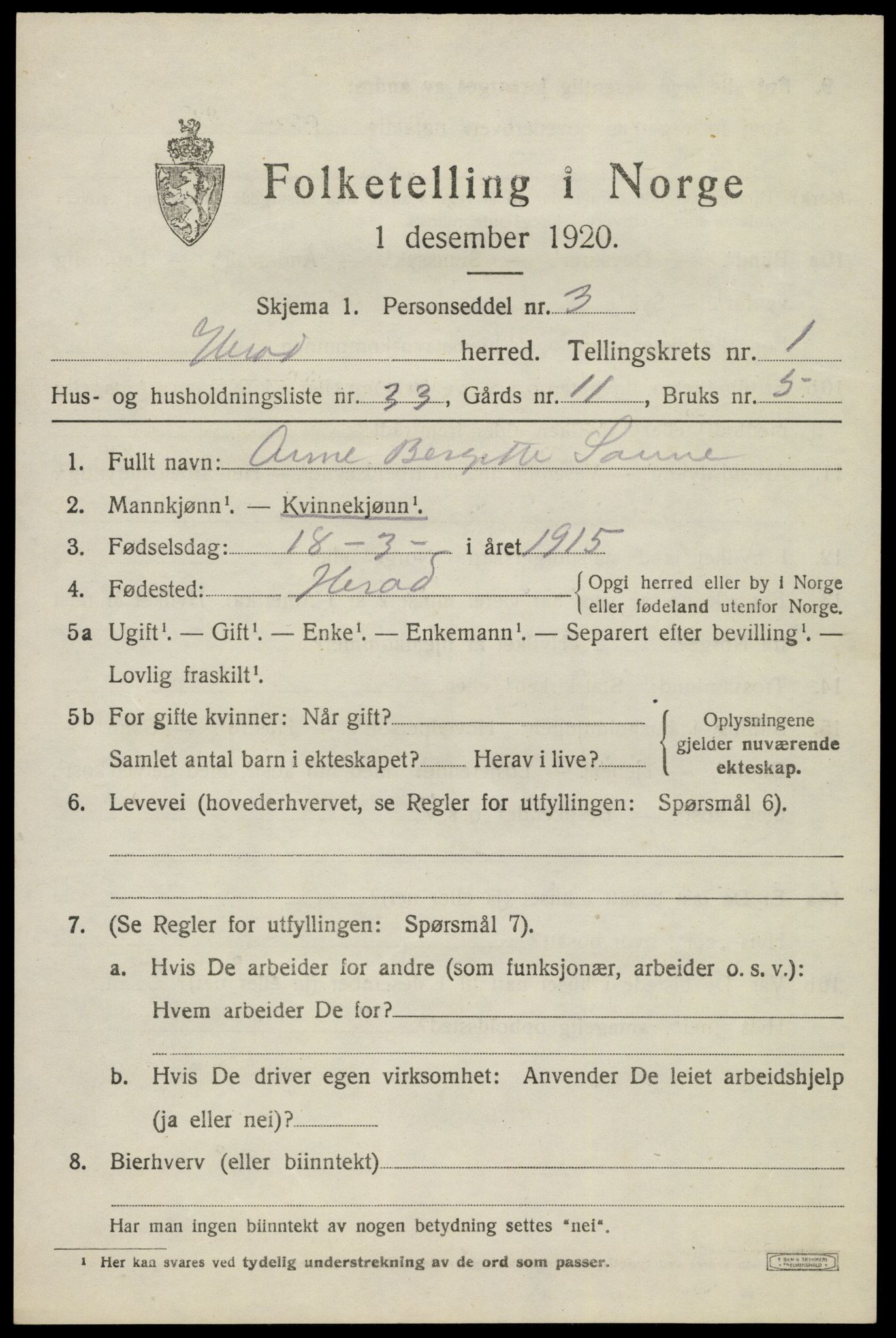 SAK, Folketelling 1920 for 1039 Herad herred, 1920, s. 772