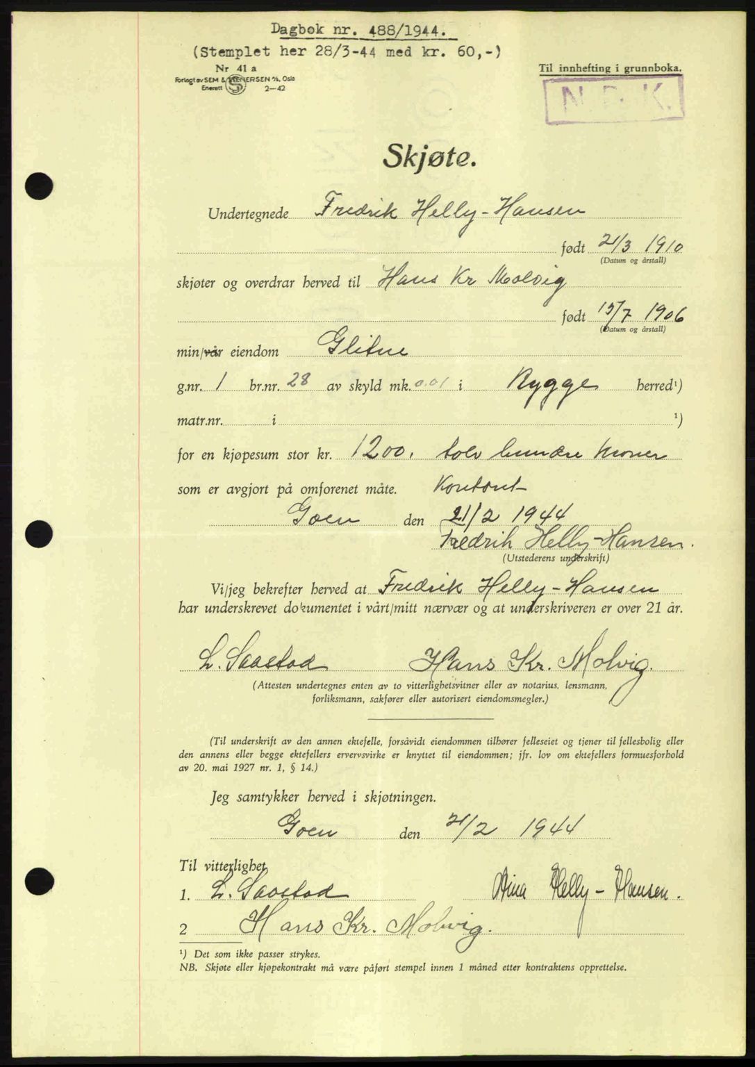 Moss sorenskriveri, SAO/A-10168: Pantebok nr. A12, 1943-1944, Dagboknr: 488/1944