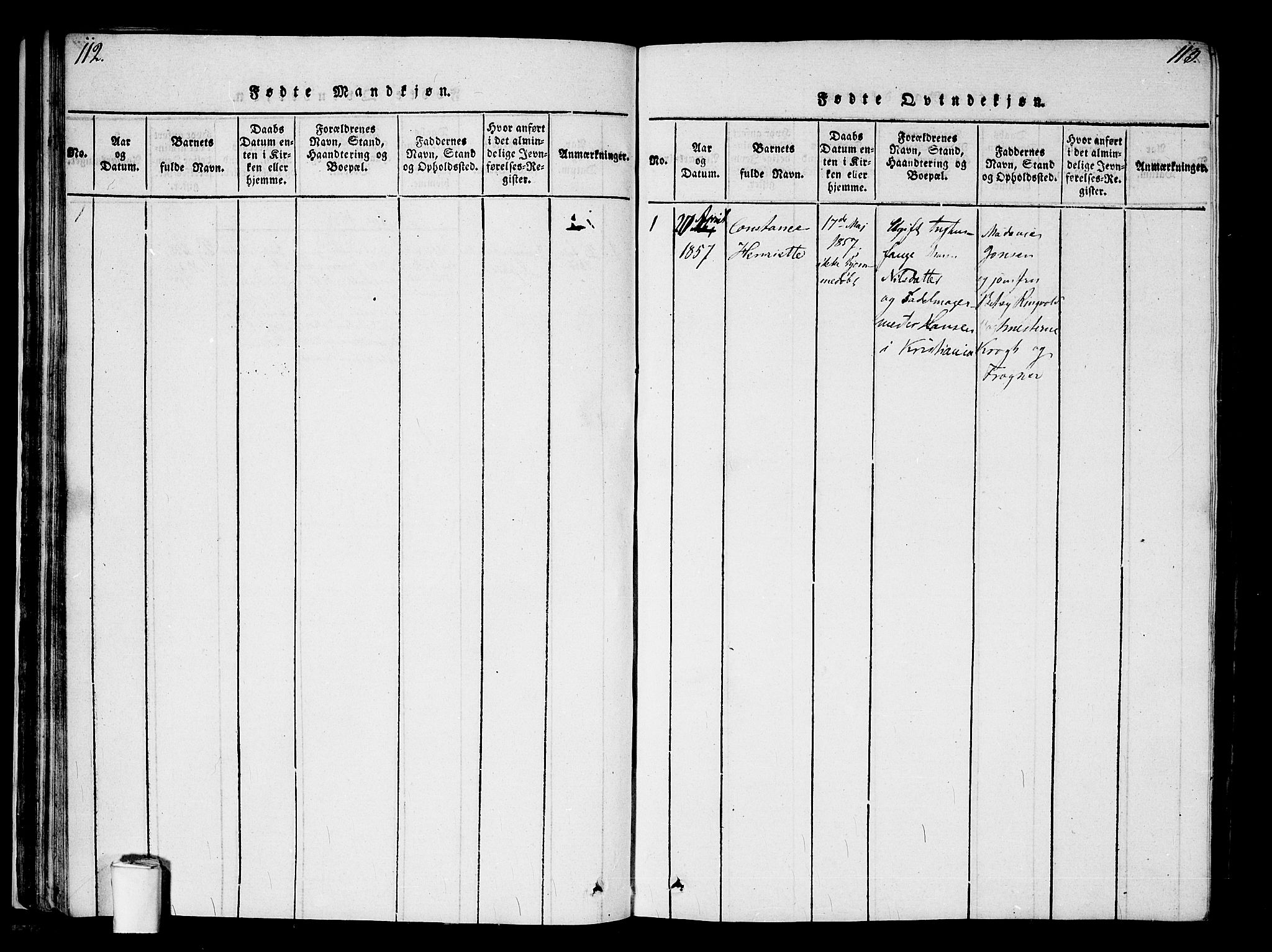 Kristiania tukthusprest Kirkebøker, AV/SAO-A-10881/G/Ga/L0001: Klokkerbok nr. 1, 1818-1857, s. 112-113