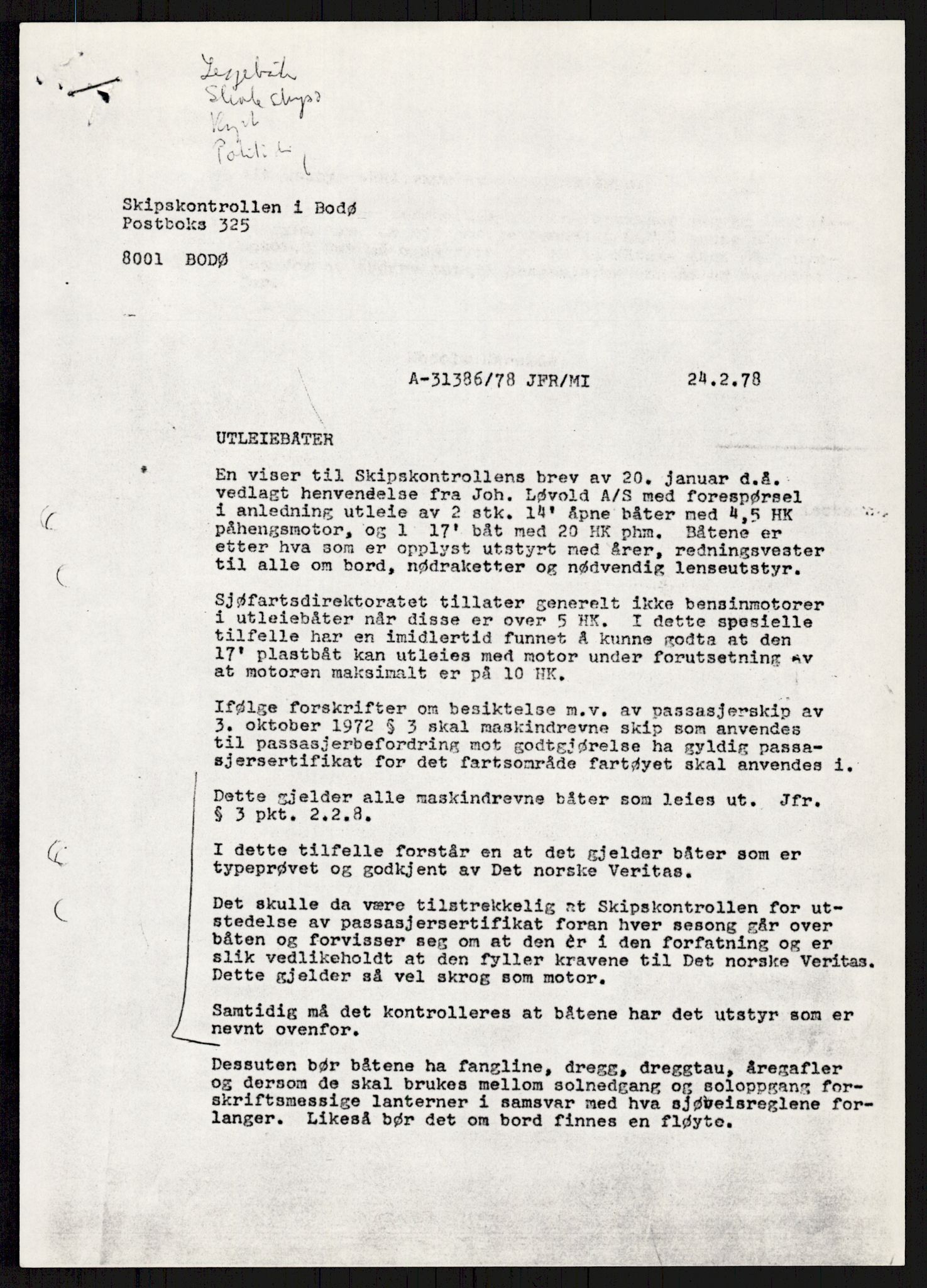 Sjøfartsdirektoratet med forløpere, generelt arkiv, AV/RA-S-1407/D/Du/Duc/L0641/0004: Skipskontrollen - Forskrifter    / Utleiebåter (2 mapper), 1977-1989, s. 431