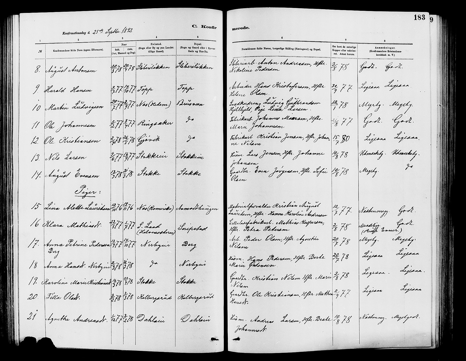 Vardal prestekontor, AV/SAH-PREST-100/H/Ha/Hab/L0007: Klokkerbok nr. 7 /1, 1881-1895, s. 183