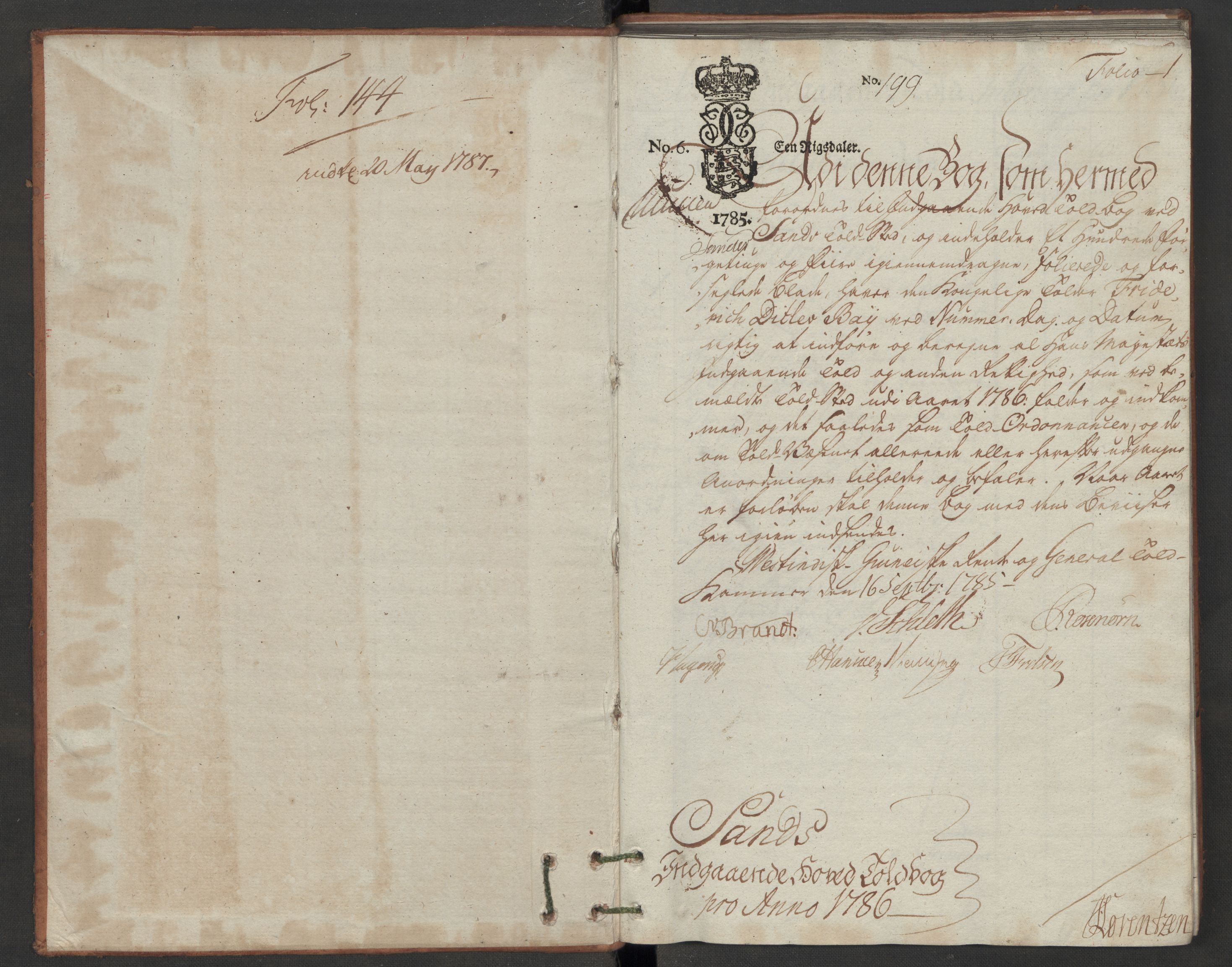Generaltollkammeret, tollregnskaper, AV/RA-EA-5490/R07/L0046/0001: Tollregnskaper Sand / Inngående hovedtollbok, 1786, s. 1a