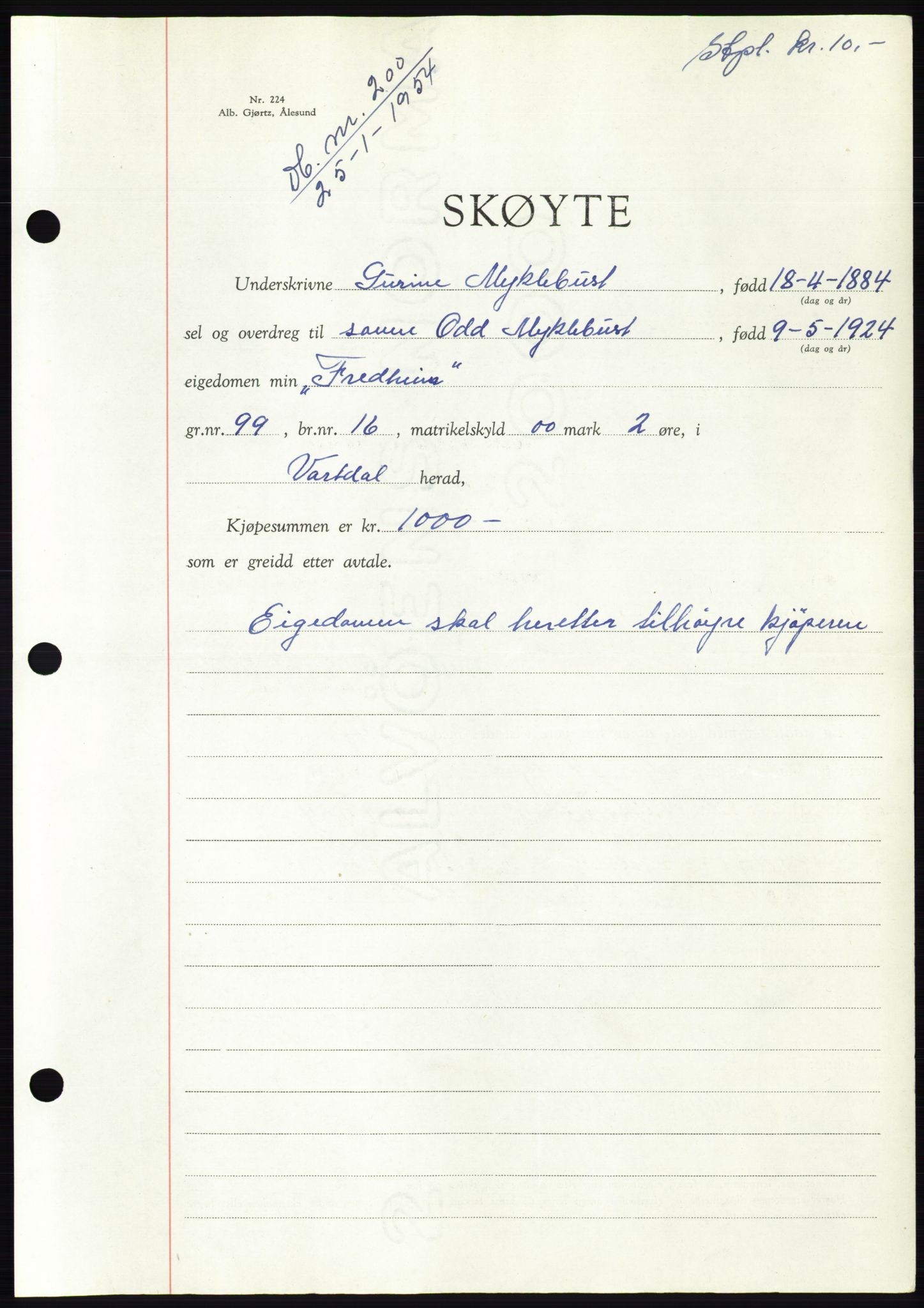 Søre Sunnmøre sorenskriveri, SAT/A-4122/1/2/2C/L0097: Pantebok nr. 23A, 1954-1954, Dagboknr: 200/1954