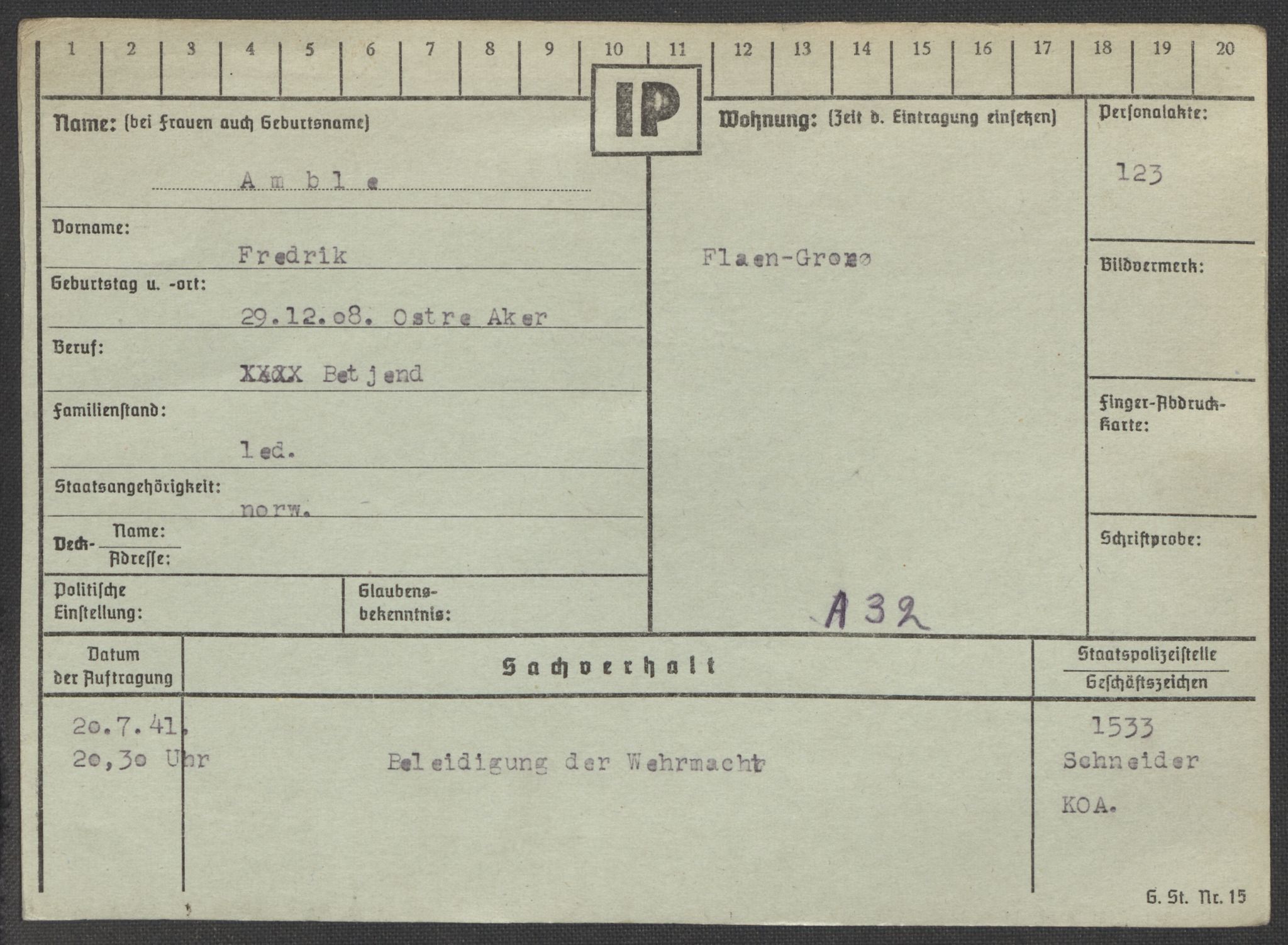 Befehlshaber der Sicherheitspolizei und des SD, AV/RA-RAFA-5969/E/Ea/Eaa/L0001: Register over norske fanger i Møllergata 19: A-Bj, 1940-1945, s. 84