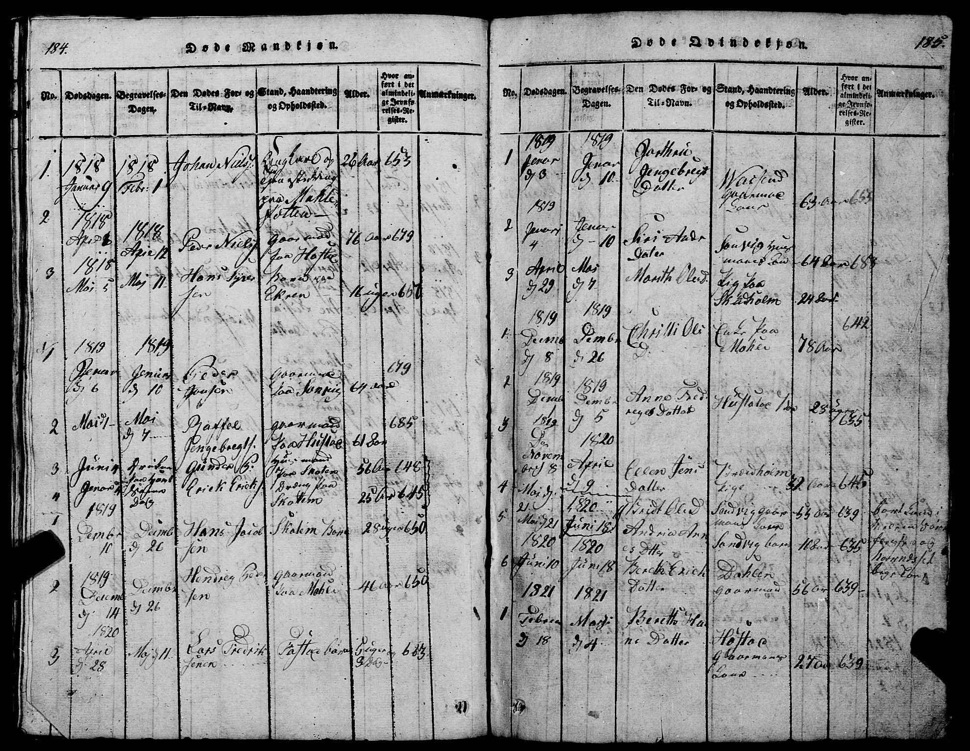 Ministerialprotokoller, klokkerbøker og fødselsregistre - Møre og Romsdal, AV/SAT-A-1454/567/L0781: Klokkerbok nr. 567C01, 1818-1845, s. 184-185