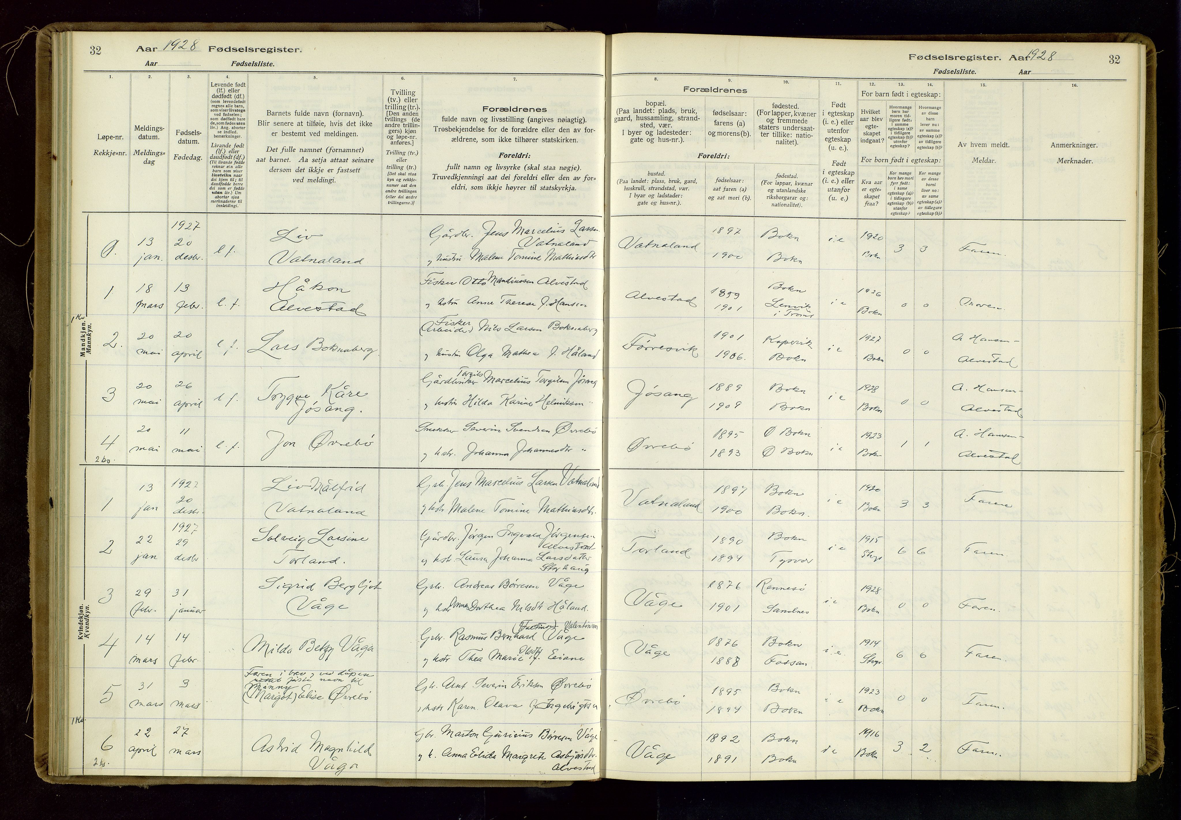 Tysvær sokneprestkontor, AV/SAST-A -101864/I/Id/L0003: Fødselsregister nr. 3, 1916-1982, s. 32