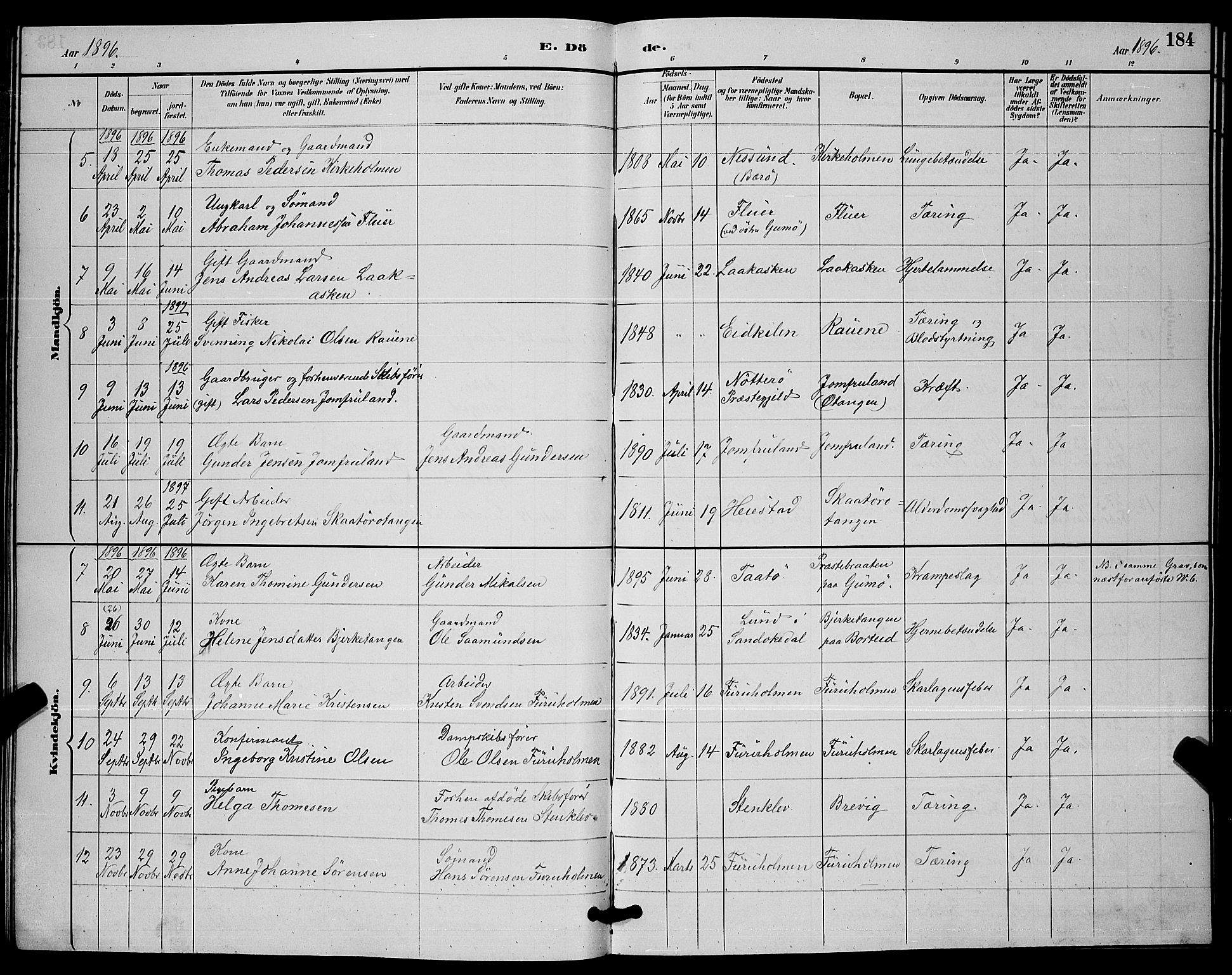 Skåtøy kirkebøker, AV/SAKO-A-304/G/Ga/L0003: Klokkerbok nr. I 3, 1884-1898, s. 184