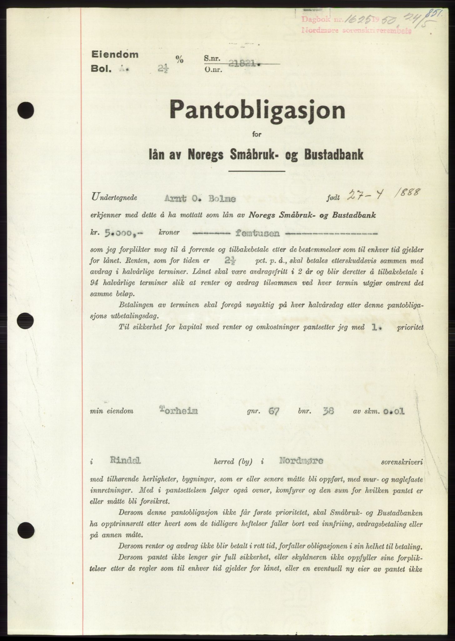 Nordmøre sorenskriveri, SAT/A-4132/1/2/2Ca: Pantebok nr. B104, 1950-1950, Dagboknr: 1625/1950