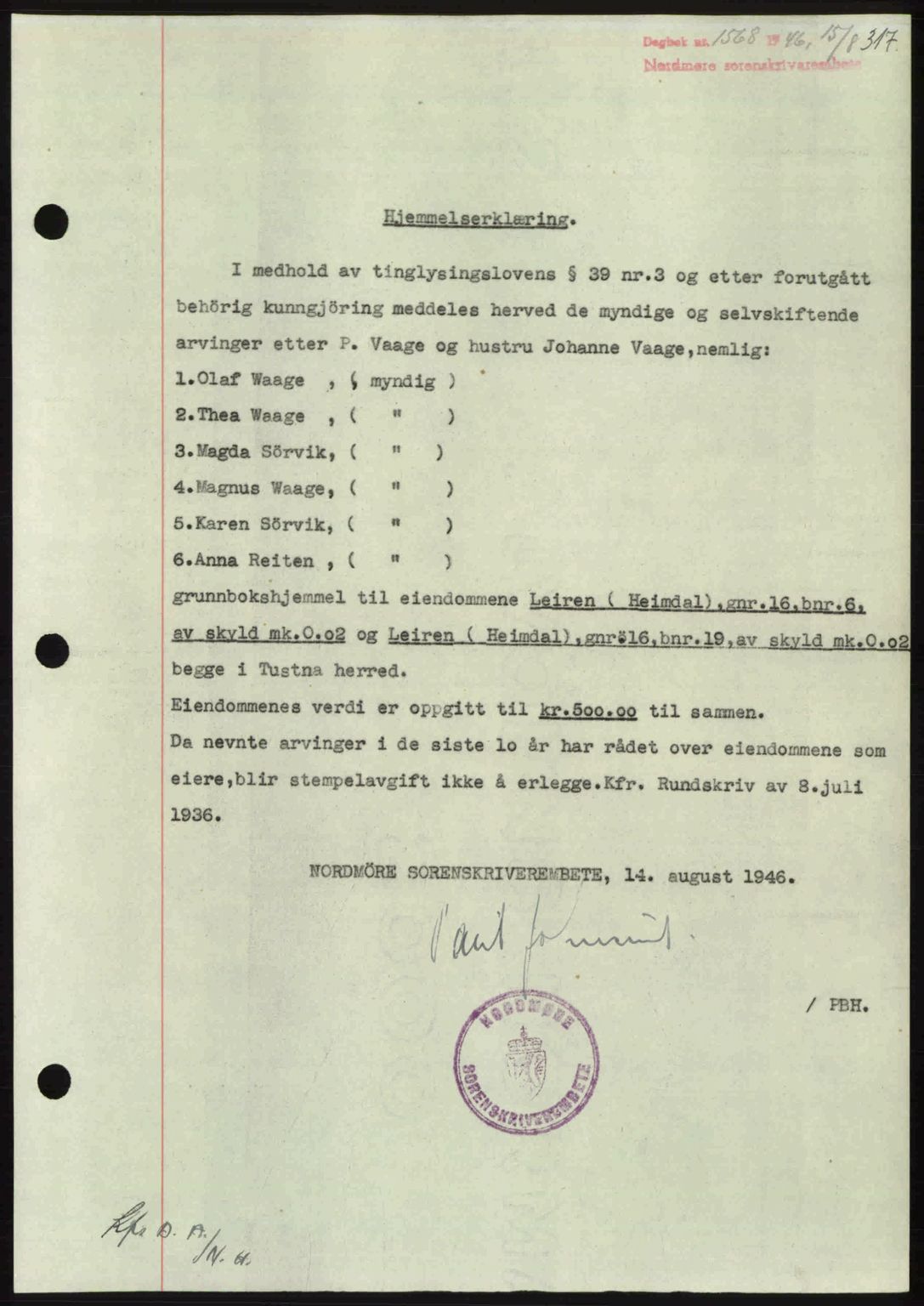 Nordmøre sorenskriveri, SAT/A-4132/1/2/2Ca: Pantebok nr. A102, 1946-1946, Dagboknr: 1568/1946