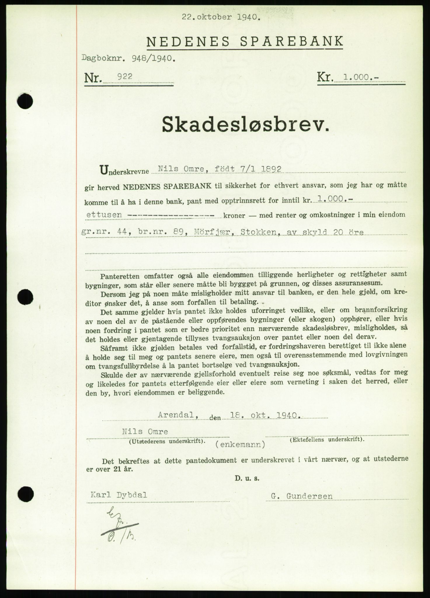 Nedenes sorenskriveri, SAK/1221-0006/G/Gb/Gbb/L0001: Pantebok nr. I, 1939-1942, Dagboknr: 948/1940
