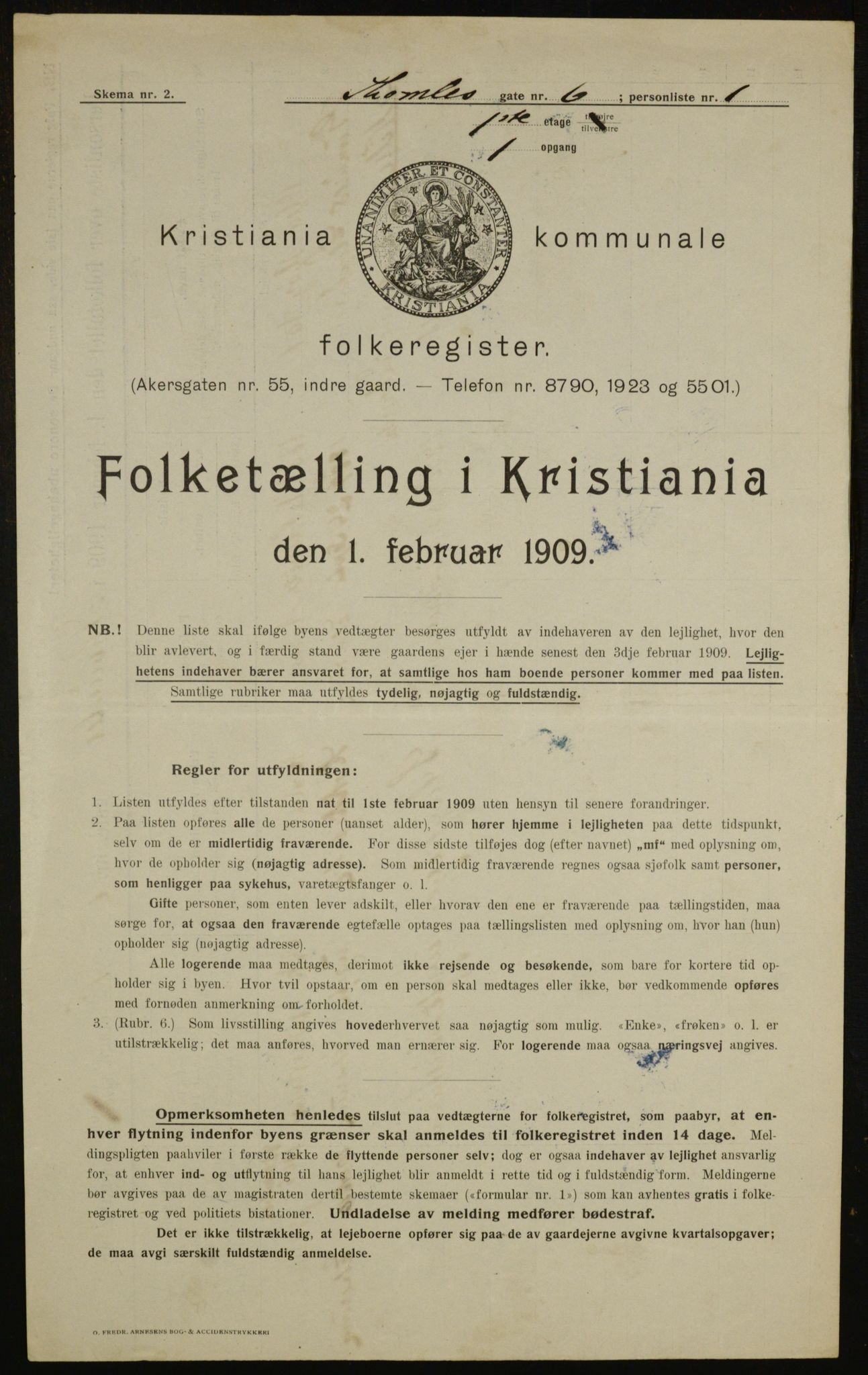 OBA, Kommunal folketelling 1.2.1909 for Kristiania kjøpstad, 1909, s. 99000