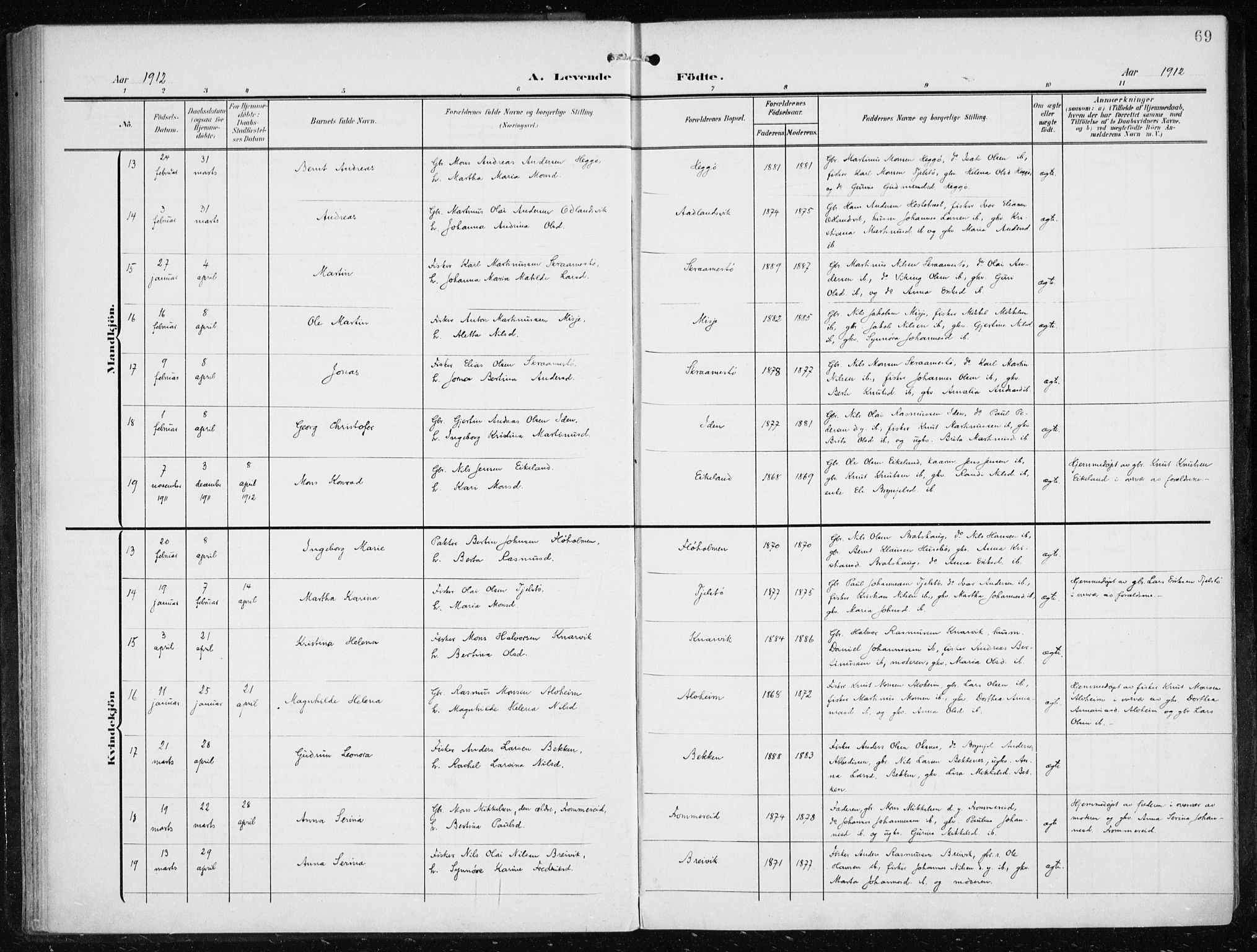 Herdla Sokneprestembete, AV/SAB-A-75701/H/Haa: Ministerialbok nr. A 5, 1905-1918, s. 69