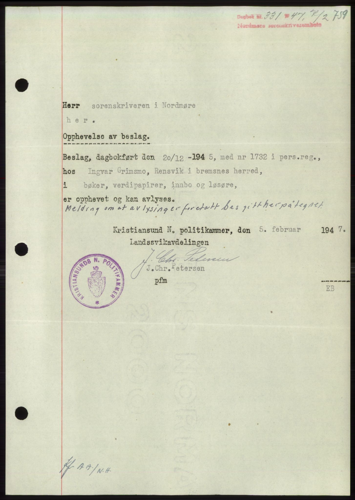 Nordmøre sorenskriveri, SAT/A-4132/1/2/2Ca: Pantebok nr. B95, 1946-1947, Dagboknr: 331/1947