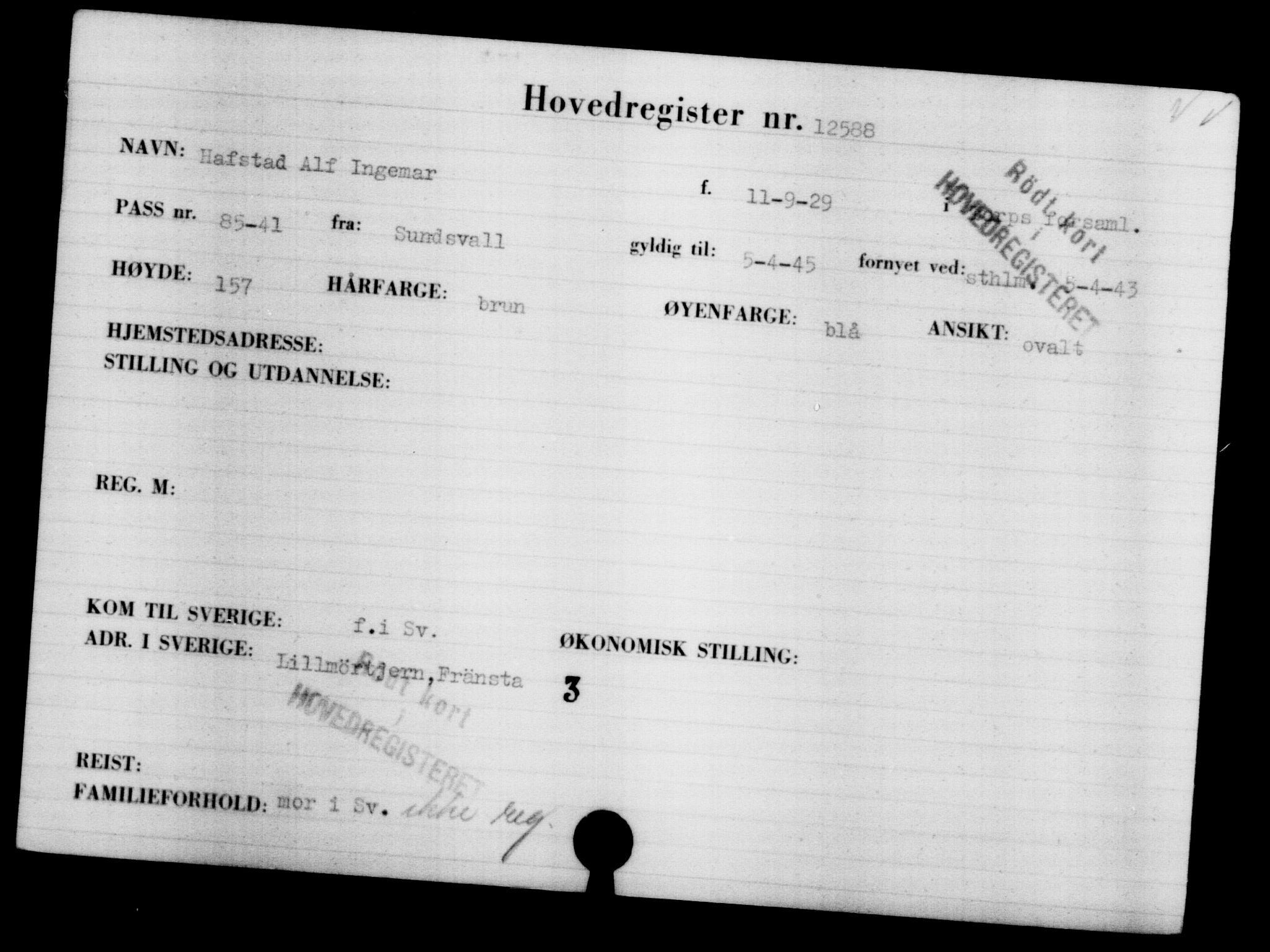 Den Kgl. Norske Legasjons Flyktningskontor, RA/S-6753/V/Va/L0006: Kjesäterkartoteket.  Flyktningenr. 9400-12711, 1940-1945, s. 3626