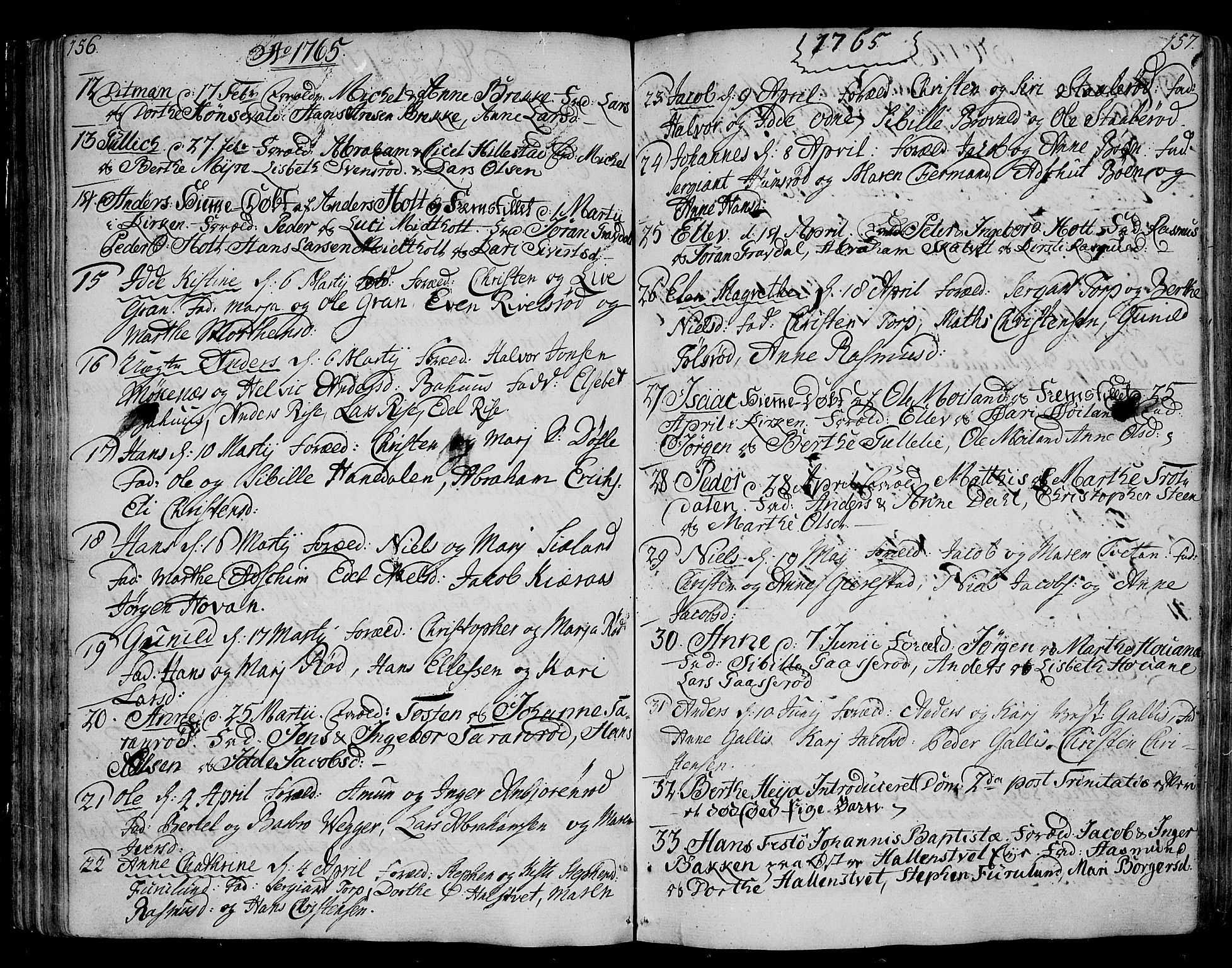 Andebu kirkebøker, AV/SAKO-A-336/F/Fa/L0002: Ministerialbok nr. I 2, 1733-1802, s. 156-157