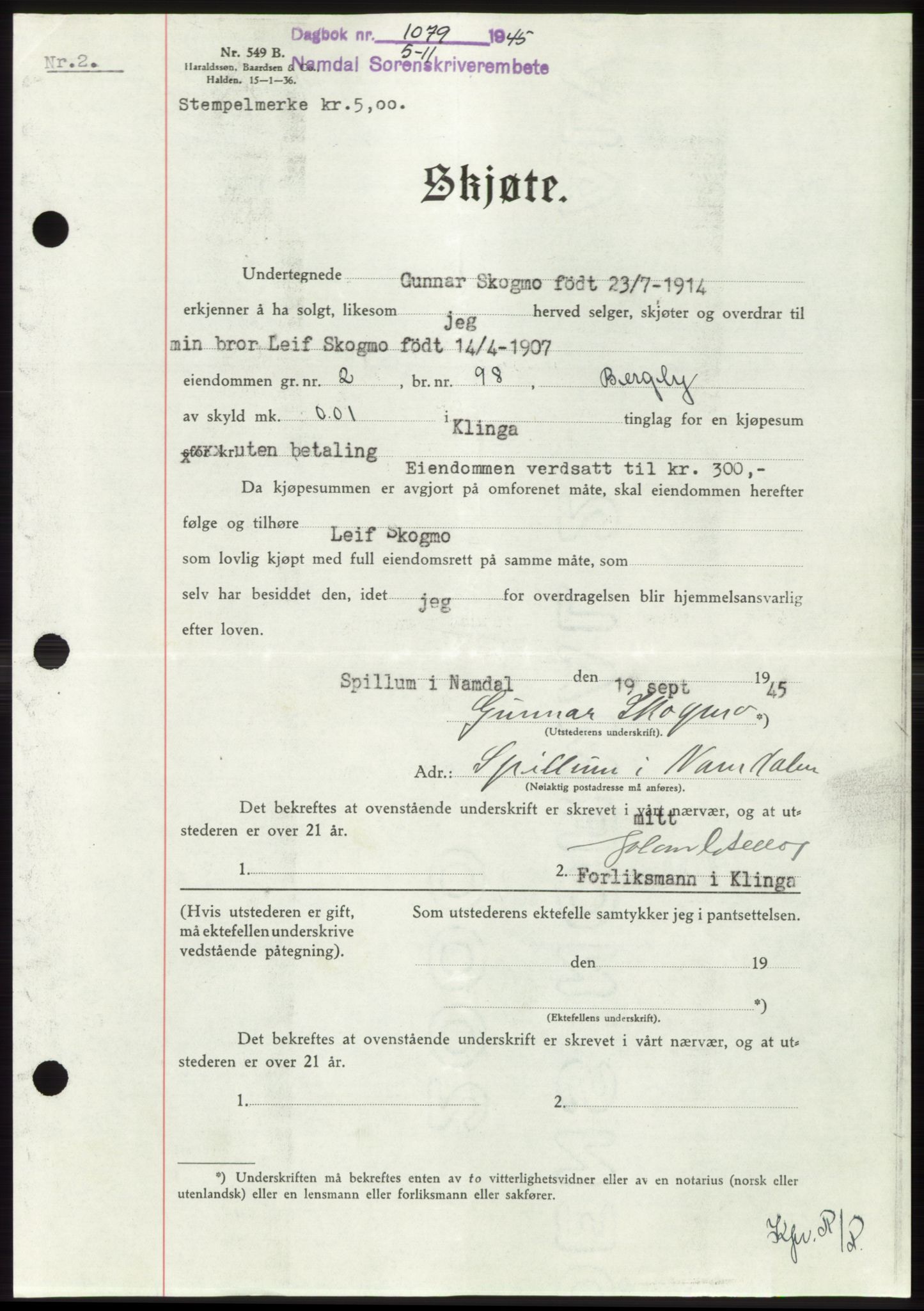 Namdal sorenskriveri, SAT/A-4133/1/2/2C: Pantebok nr. -, 1944-1945, Dagboknr: 1079/1945