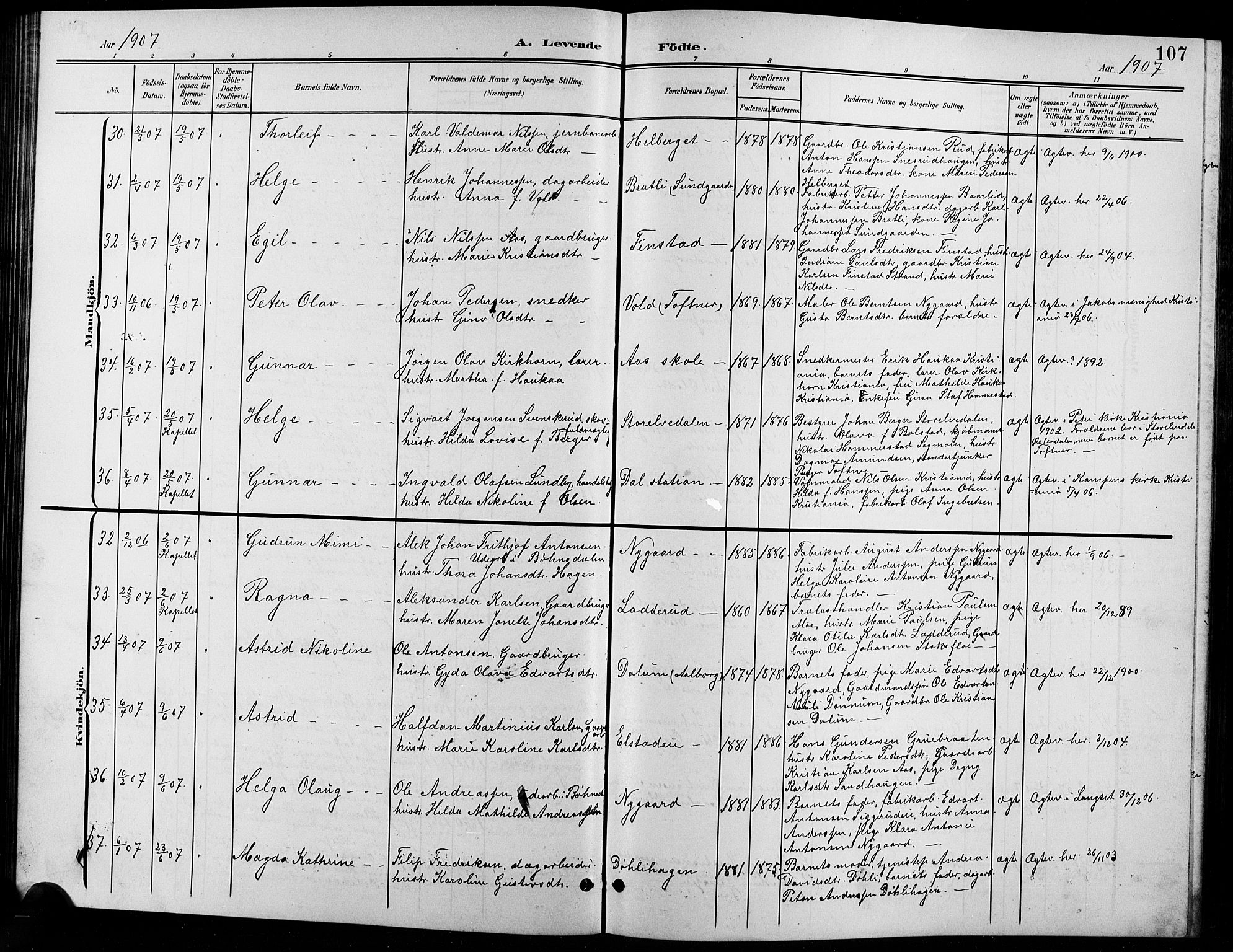 Eidsvoll prestekontor Kirkebøker, AV/SAO-A-10888/G/Ga/L0007: Klokkerbok nr. I 7, 1901-1909, s. 107
